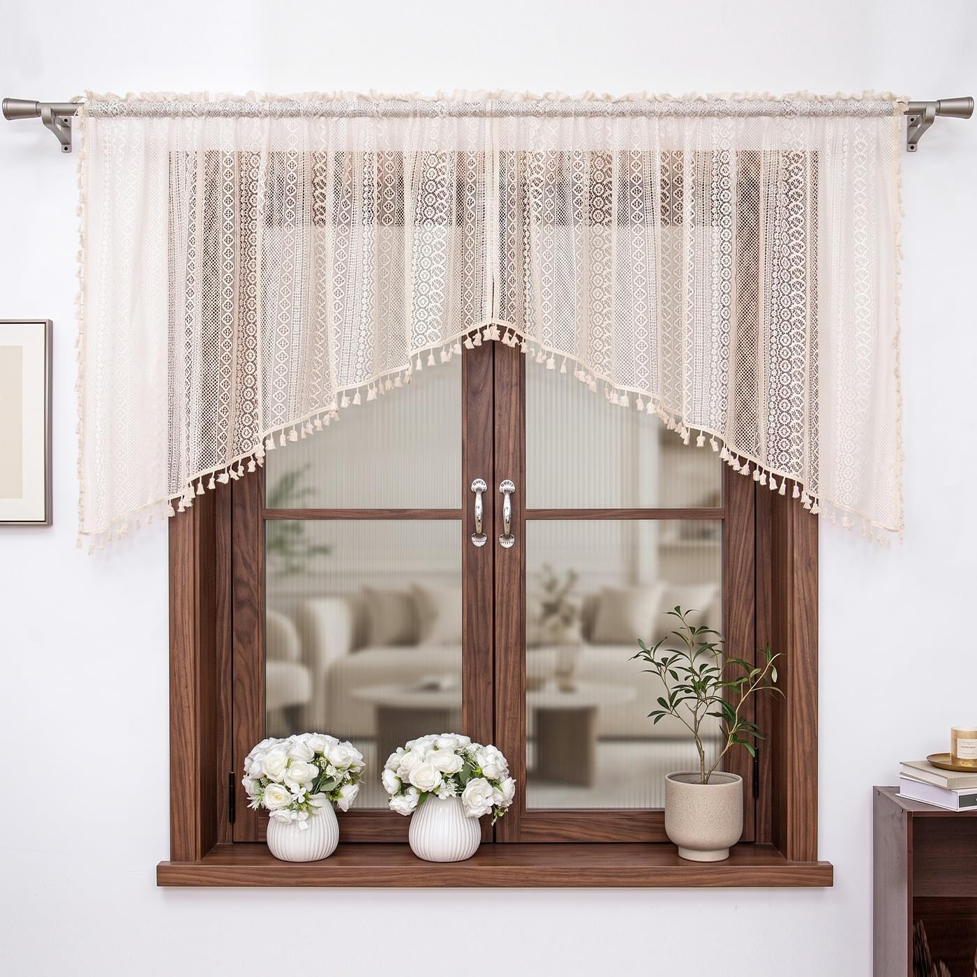 Boho Valance Lace Crochet Beige Small Curtain with Tassels 60"W x 18"L, 1Pc