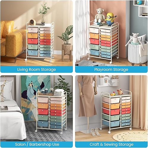 Miniatura 9 de Giantex Carrito rodante de 15 cajones, organizadores de aula, carrito de almacenamiento con ruedas, para profesores, oficina, hogar, suministros