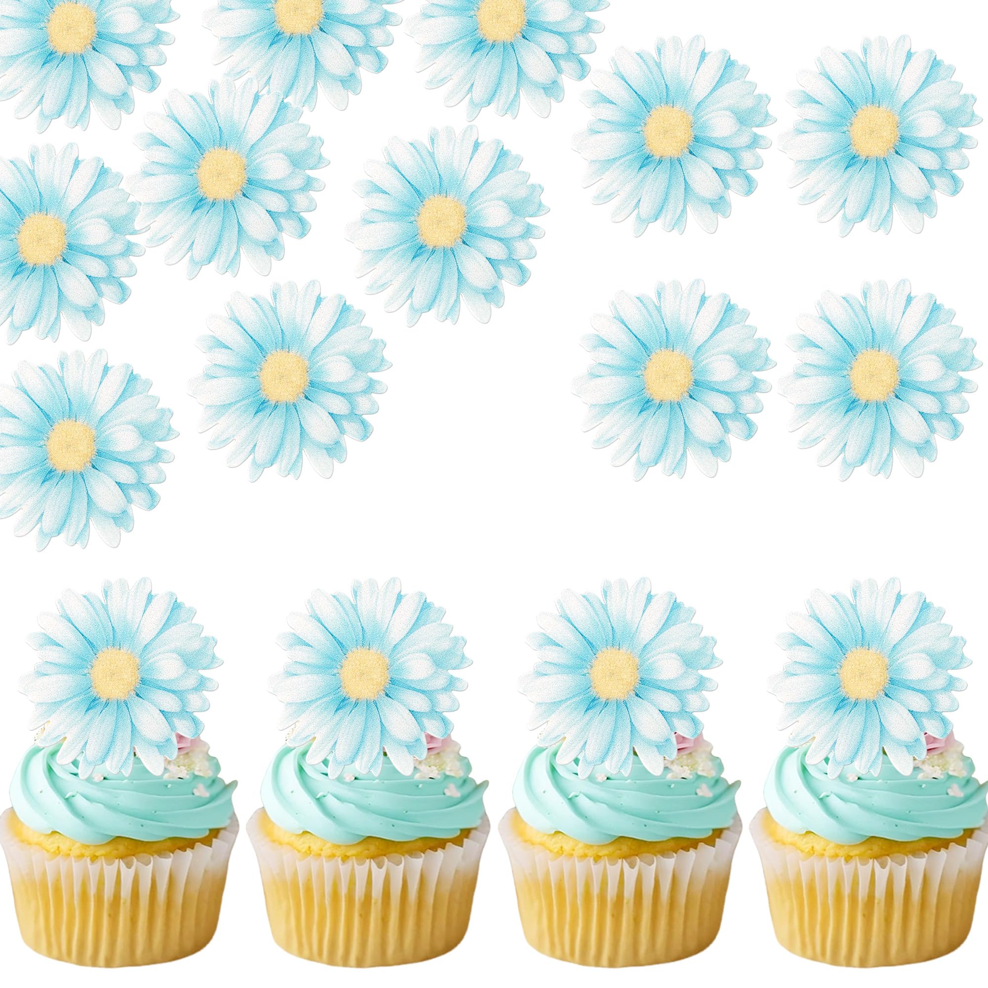60 PCS Edible Daisy Cupcake Toppers Wafer Paper Daisy Cupcake Picks Edible Daisies Wildflower Birthday Party Decorations for Baby Shower Wedding Birthday Party Cake Food Decorations Supplies Blue