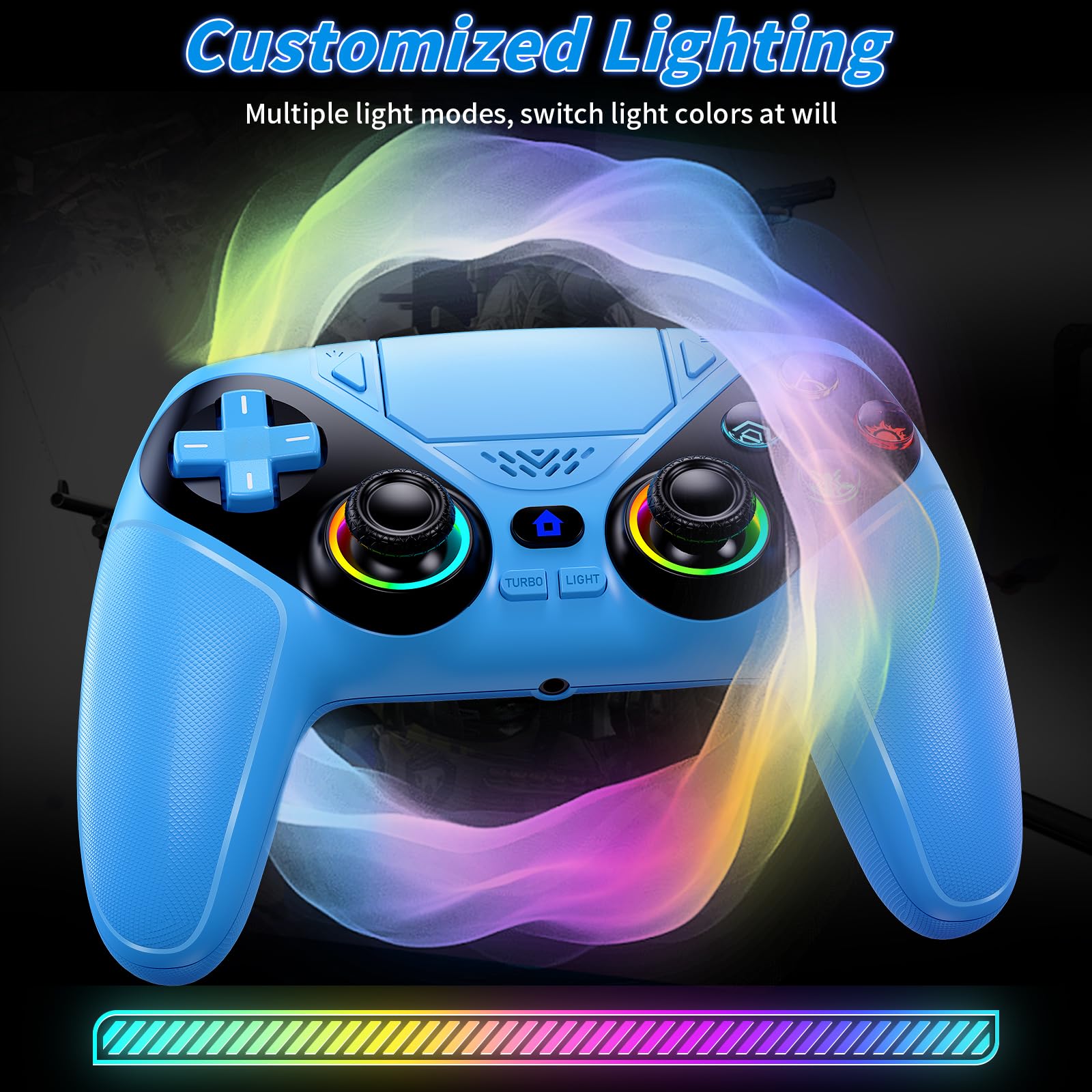 Gamrombo RGB Wireless Controller for PS5/Pro/Slim & PC, Bluetooth Gamepad with Back Buttons, Touchpad, Macro, Turbo, Dual Vibration, 6-Axis Sensor, 3.5mm Audio Jack, Speaker - Blue - 4