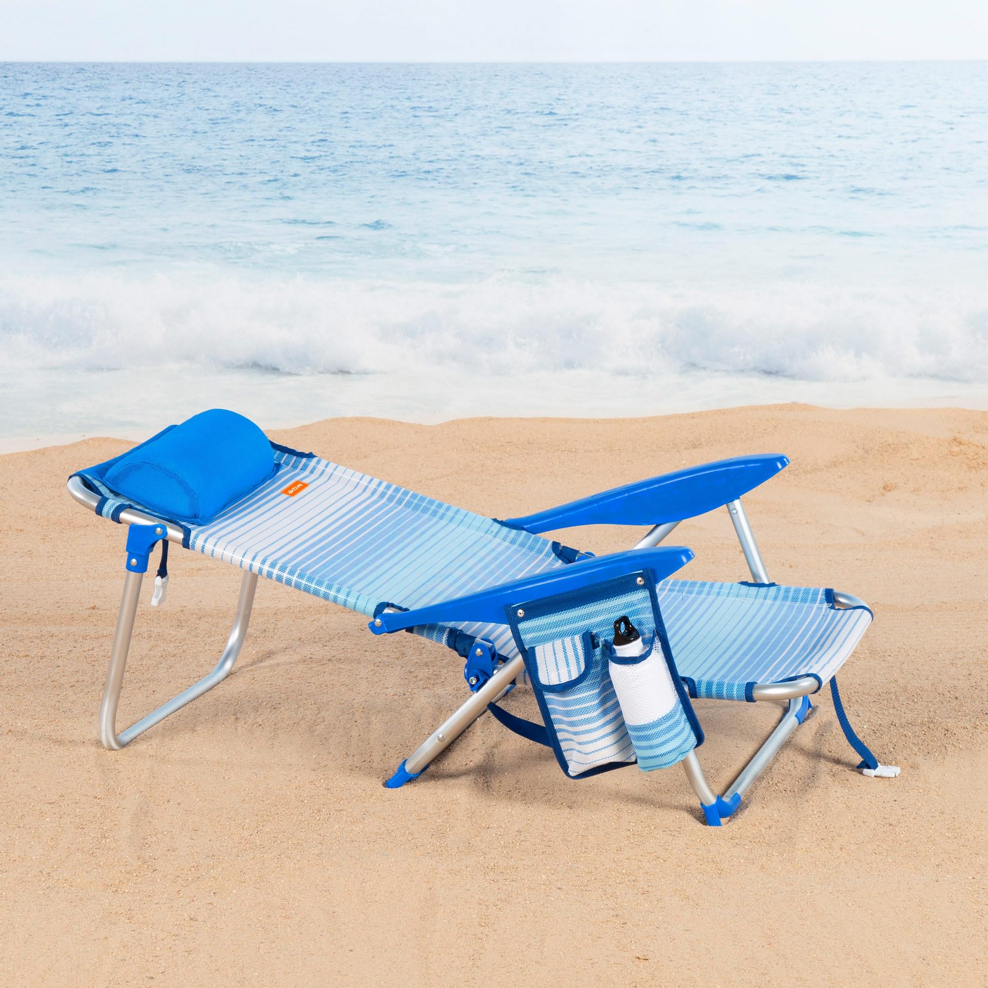 AKTIVE Lot de 2 chaises de Plage Pliantes, 4 Positions, Rayures Bleues, 51 x 45 x 76 cm, avec Coussin rembourré, Poche latérale, poignées, Maximum 110 kg, butées Anti-retournement, Multiposition,