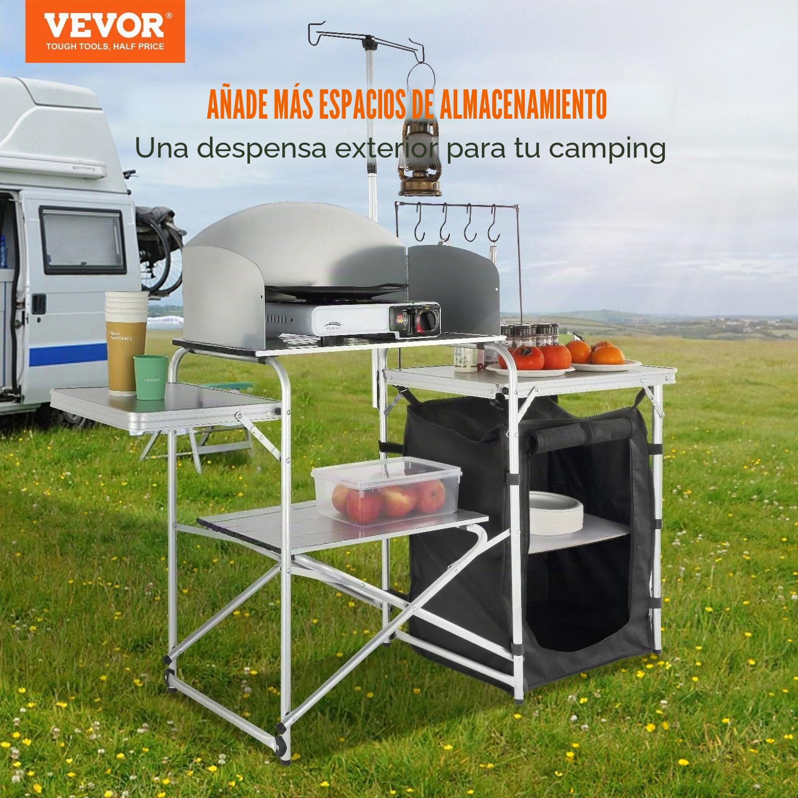 VEVOR Mesa de Cocina para Camping Plegable para Exteriores con Bolsa de Transporte, Estación de Cocina de Aluminio, 1 Armario y Parabrisas Desmontable, Montaje Rápido para Pícnics, Barbacoas, Negro