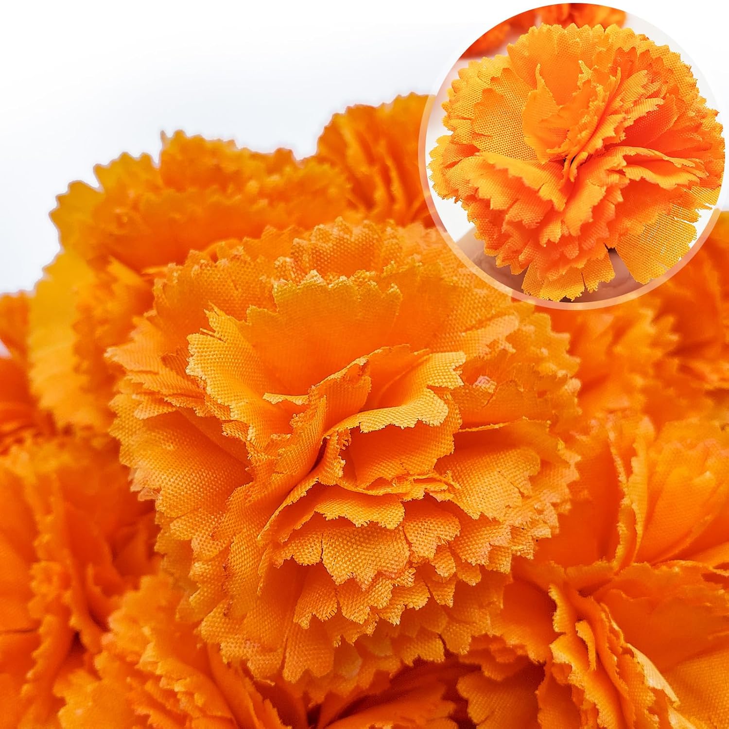 Marigold Flowers Artificial - 200 Premium Silk Flower Heads with 30 Stems for Diwali Decor, Day of The Dead Altar, Handmade Garland Making (2" Blooms, Reusable) (Orange 200)