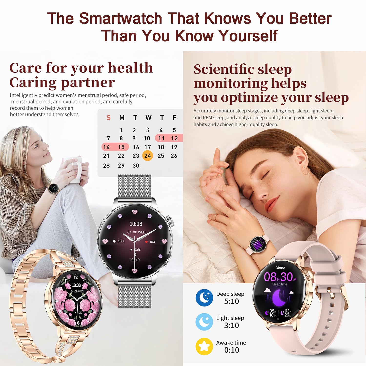 Reloj inteligente para mujer con función de teléfono, pantalla de 1.27 pulgadas, pulsera de metal y correa de silicona, frecuencia cardíaca/SpO2/presión arterial/monitor de sueño, seguimiento de ciclo
