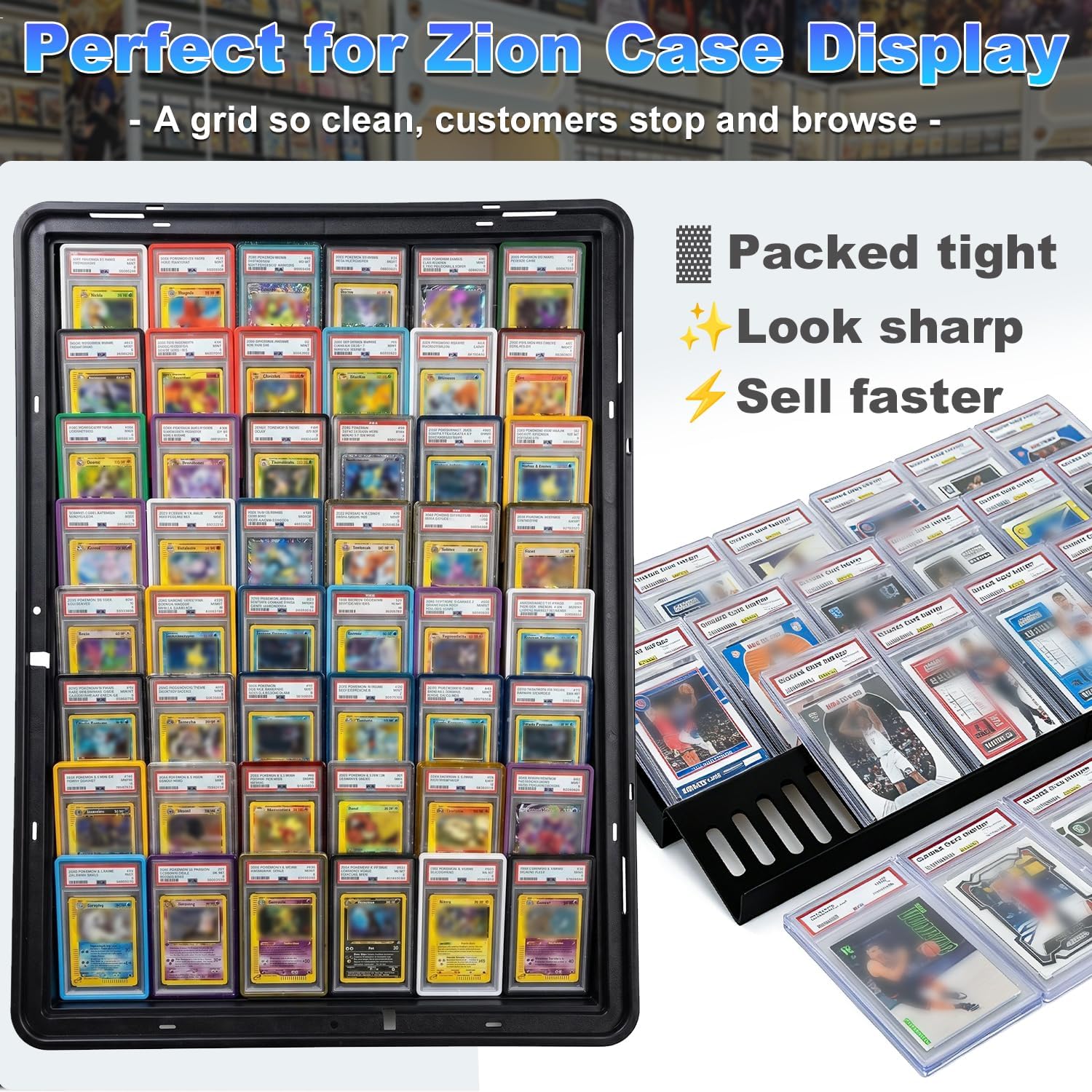 18-Pack Long Modular Trade Card Risers | Black Acrylic | Perfect for 34"x22" Trade Shows, Display Cases, and Card Vendors - Display Stand for Sports Cards & Trading Card Games