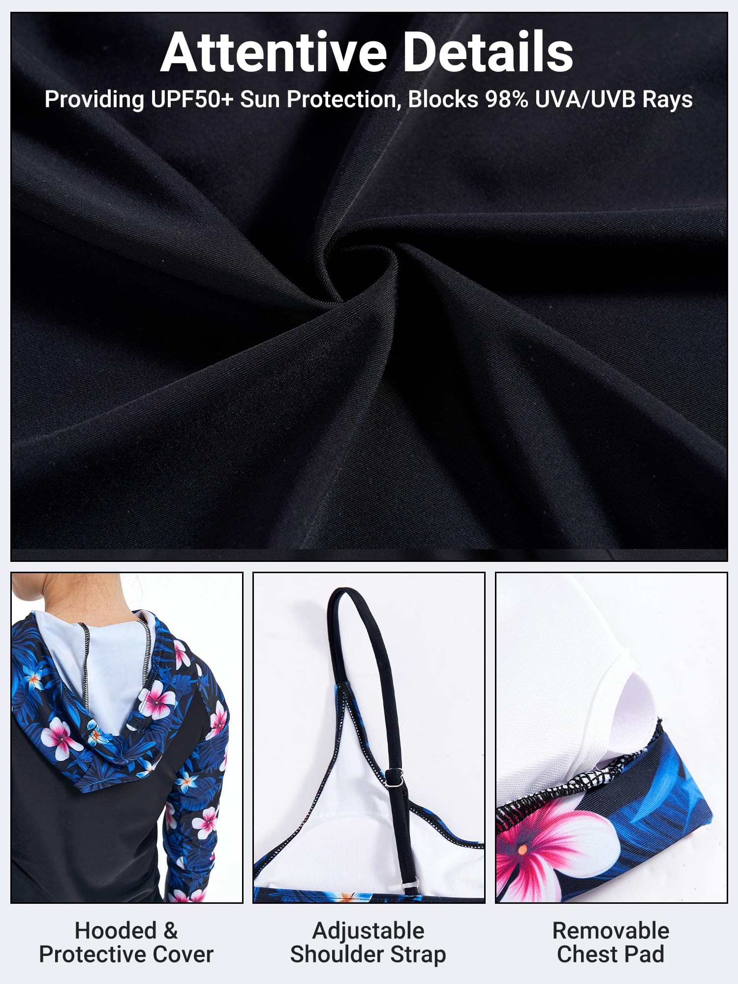 Maillot de bain 3 pièces anti-UV UPF50+ pour femme à capuche, haut bikini et short taille haute, manches longues fermeture éclair