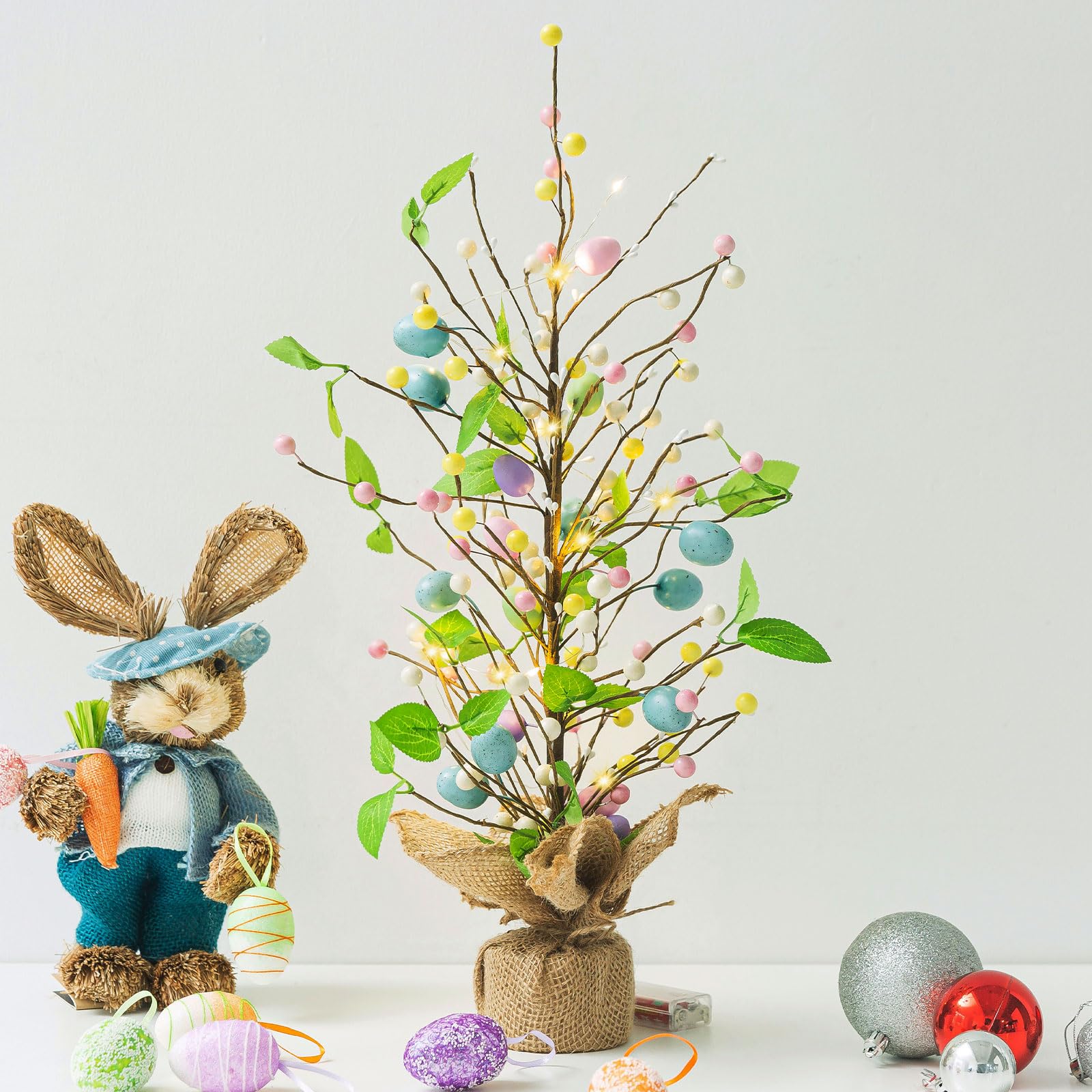 Lighted Easter Egg Tree for Easter Decorations, 22 Inch Easter Birch Tree with Timer, Battery