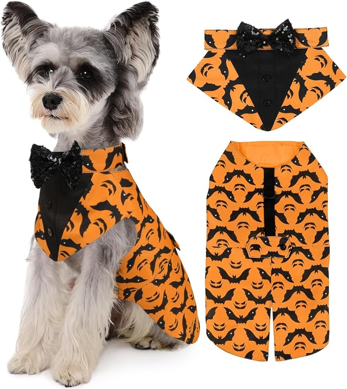 Fantasia para Cães Kuoser com Smoking, Bandana e Argola D, Laranja, Tamanho M