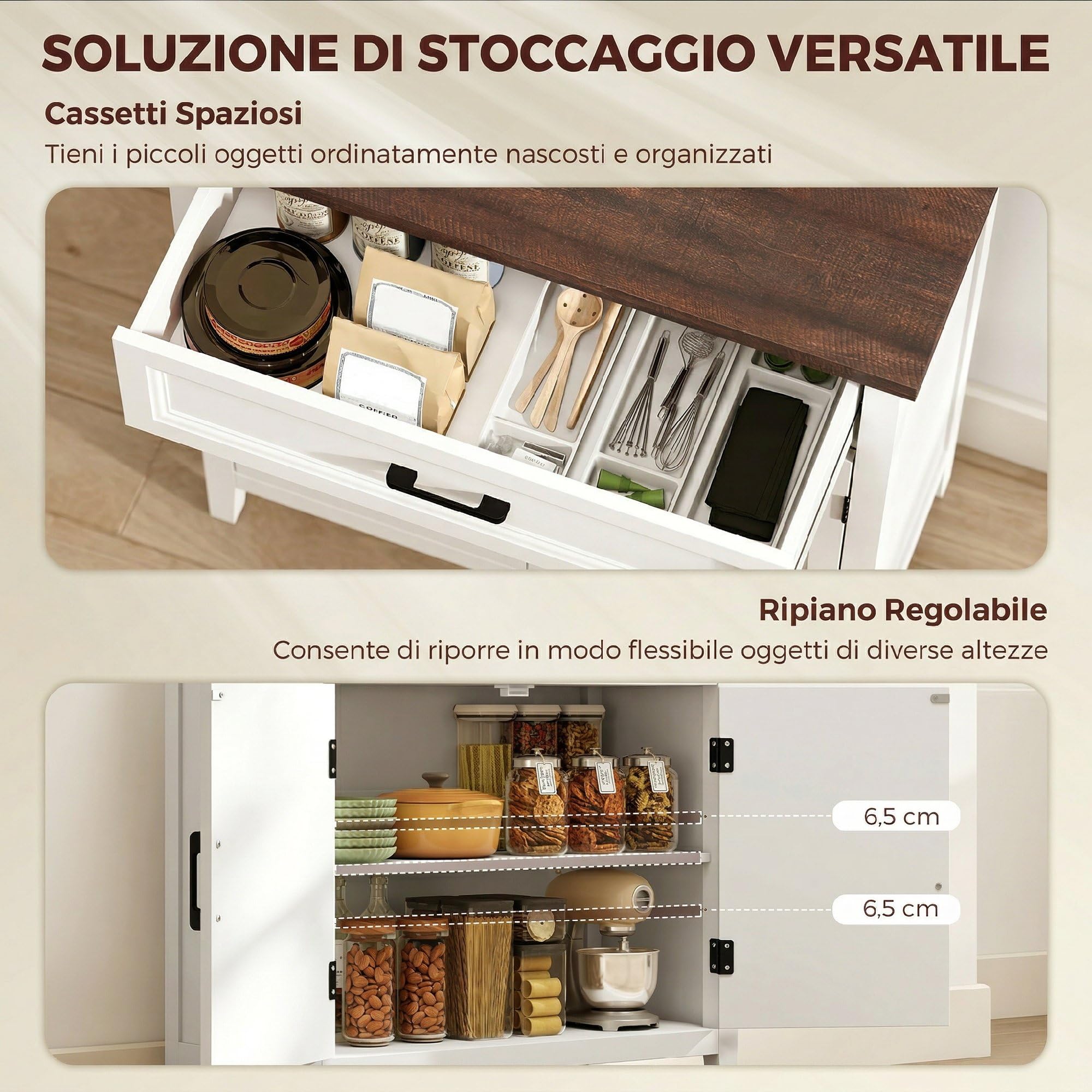 HOMCOM Credenza Cucina, Mobile Cucina con 2 Ante, Ripiano Regolabile e Cassetto, Piano Effetto Legno, Stile Rustico, Credenza Buffet per Soggiorno, Salotto, Sala da Pranzo, 76x35x80 cm, Bianco