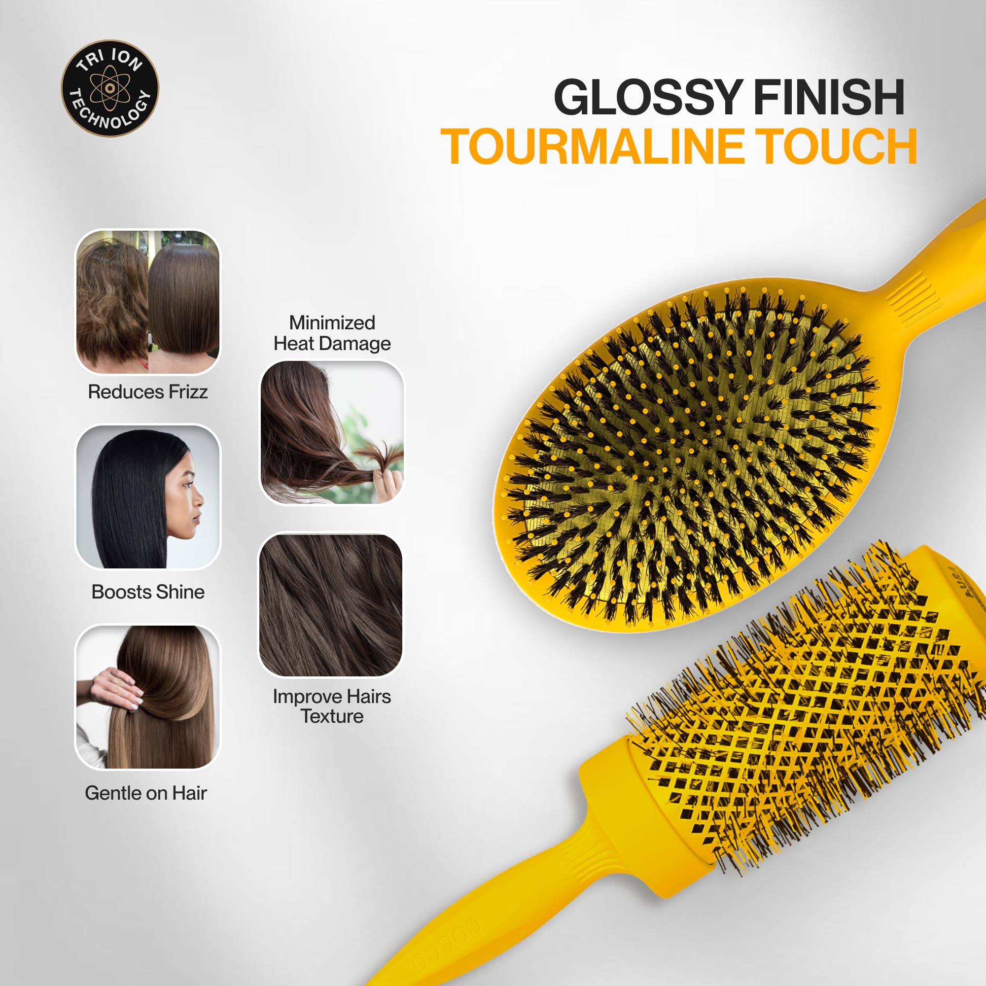 COCCO Aura Brush - Juego de cepillos redondos y de cerámica para mujer, secado y control del encrespamiento, cerdas de turmalina, agarre ergonómico, juego de peinado completo, color amarillo
