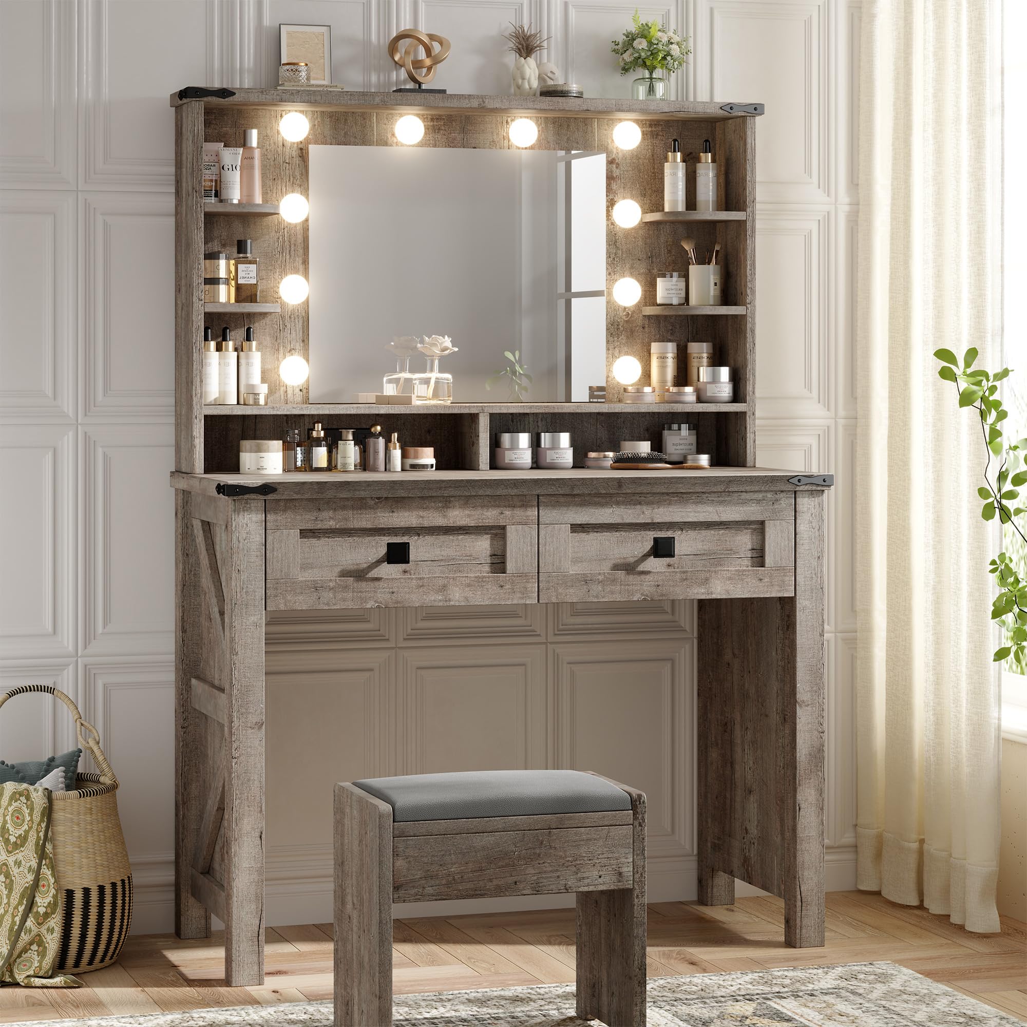 EnHomee Small Vanity Desk with Mirror and Lights, Makeup Vanity with Storage Drawer, Wooden Vanity Desk with Charging Staion for Women's Bedroom,