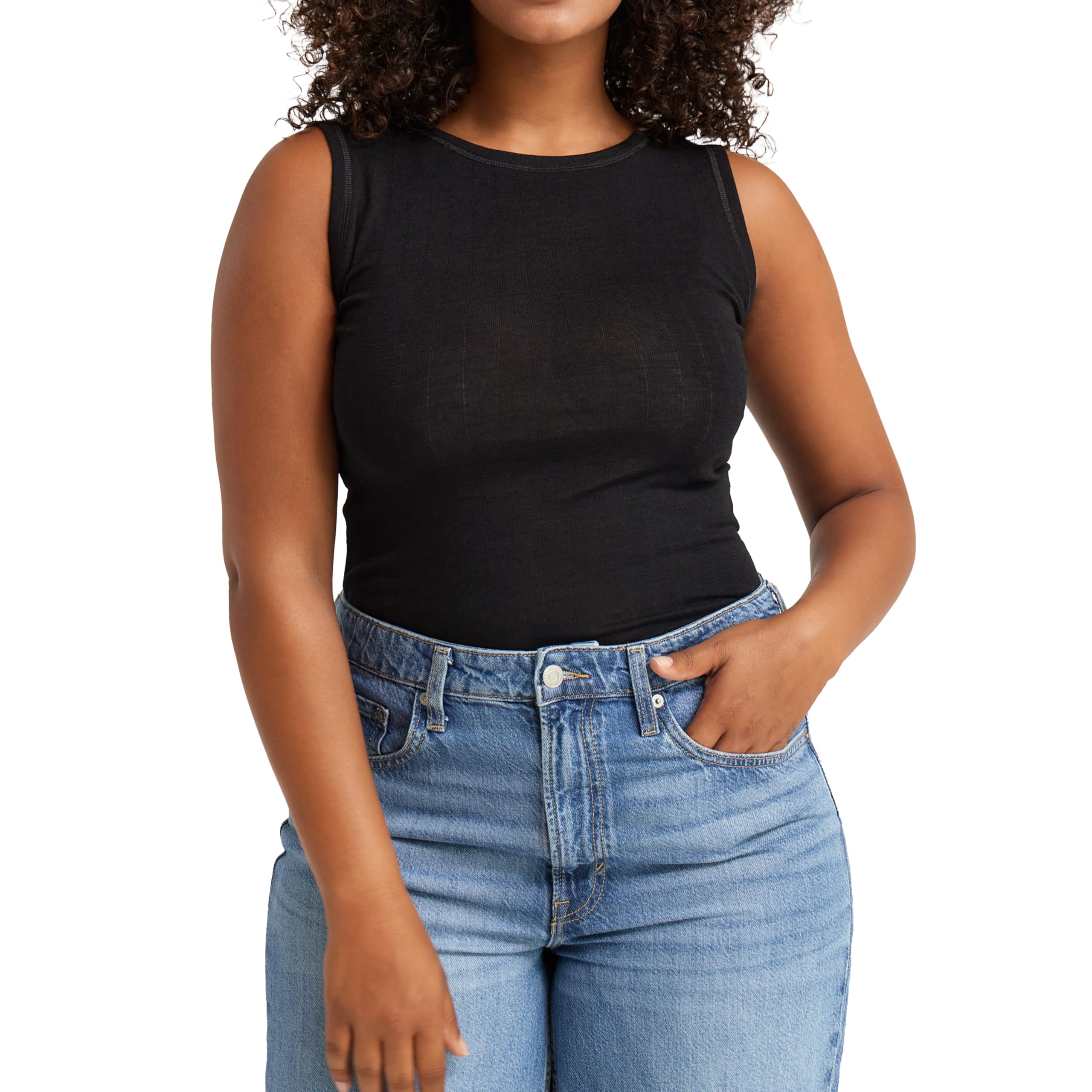 DILLING Women's Merino Wool/Silk Pointelle Tank Top Black 14