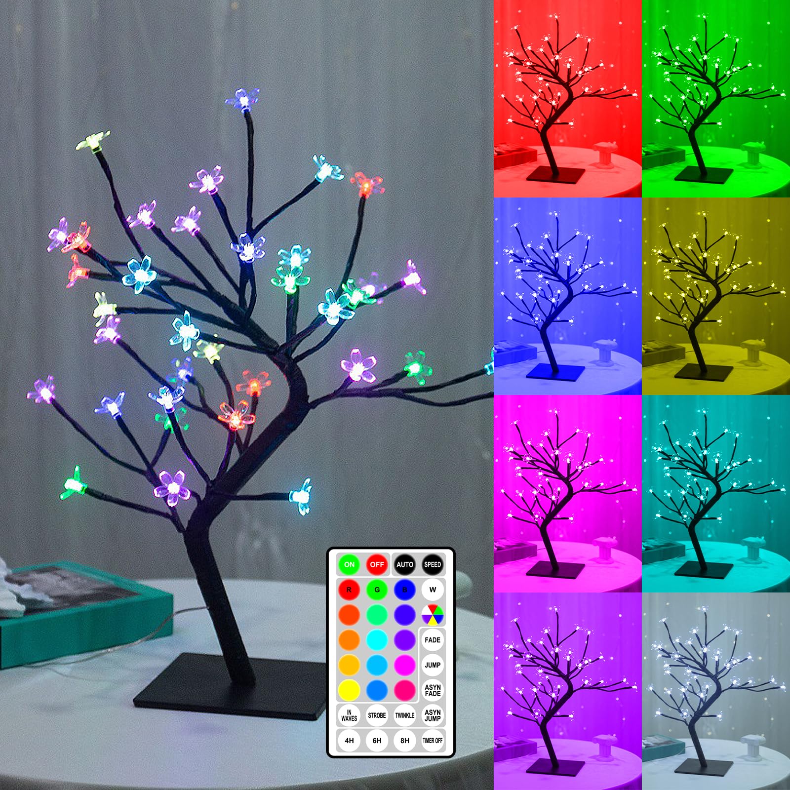 36-LED Artificial Illuminated Cherry Blossom Tree, RGB Cherry Blossom Tree Light with Remote Control, 16 Color Changes, Home Decor Night Light, Suitable for Valentine's Day, Christmas,Wedding