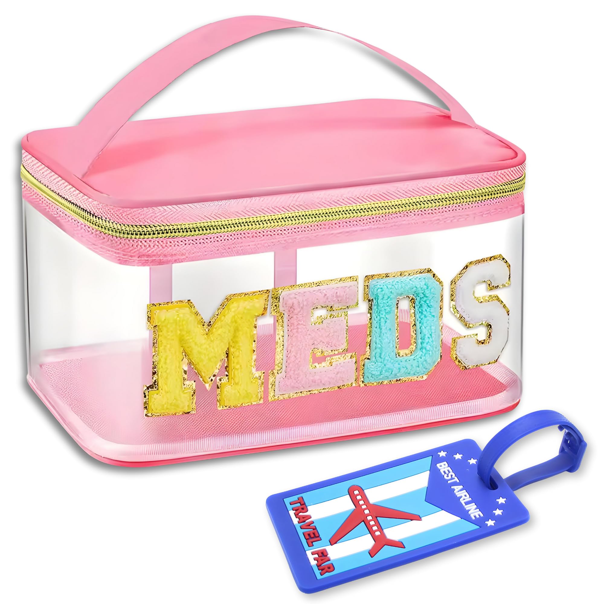 Small Transparent Medicine Pouch for Travel with Luggage Tag, Versatile Medicine Organizer Pouch for Daily Home or Travel Use with Handle - 23 x 15 x 12 Cm - Model 1 - Pink