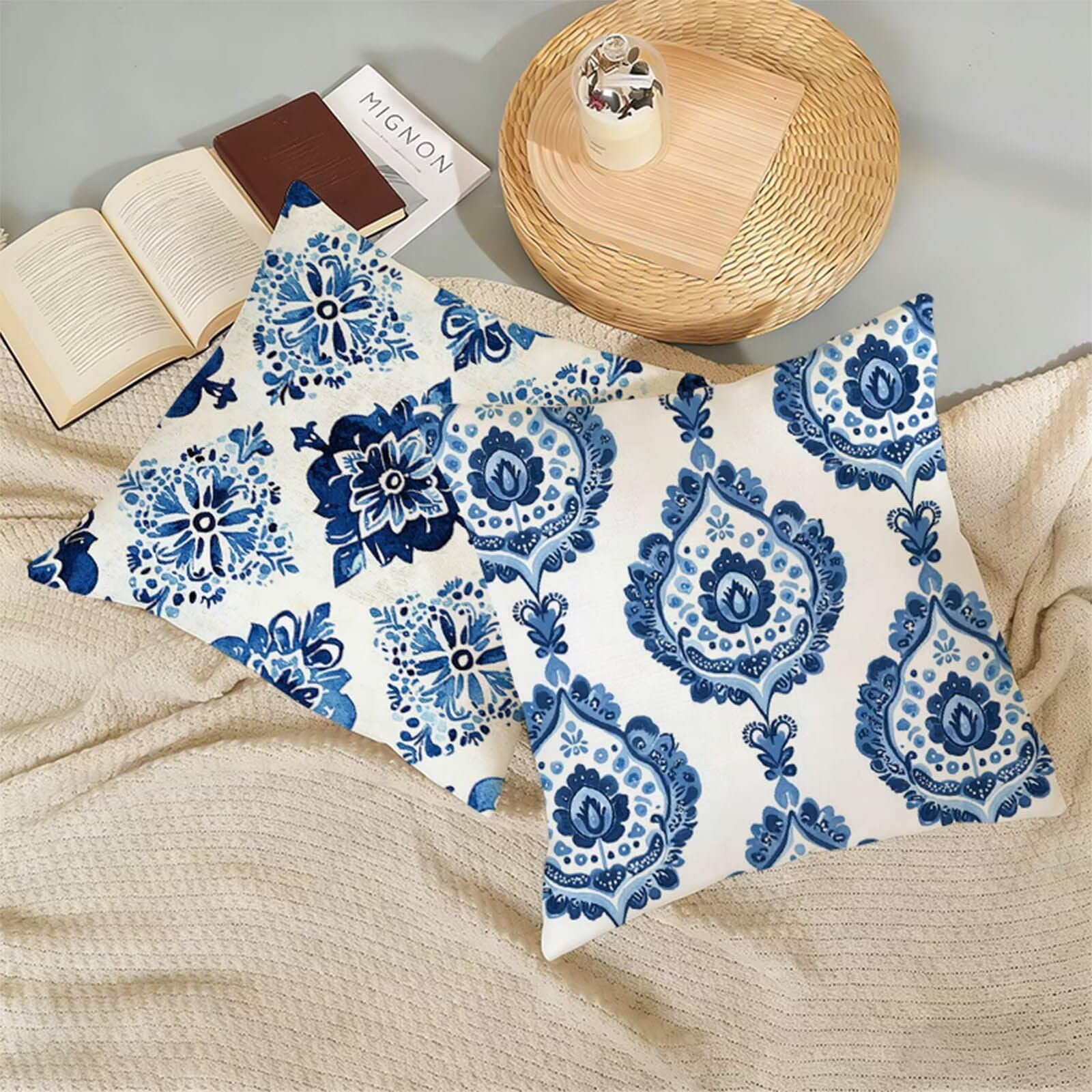 Housse Coussin 80x80 Bleu Lot de 2, Bohême Housse de Coussin Lin, Doux Confort Taies d'oreiller Imperméable Extérieur, Fermeture Éclair, Lavable en Machine, Canapé, Chambre, Fauteuil, Exterieur X-720