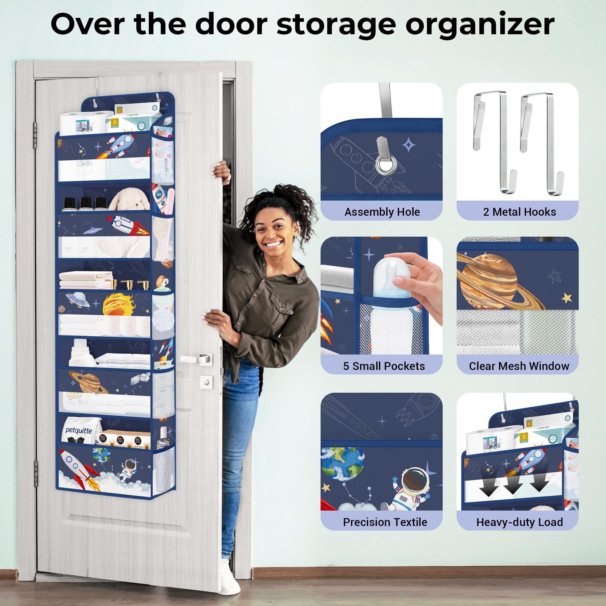 Clastyle Organizzatore Appendiporta Con Razzo Spaziale – 5 Tasche In Tessuto Non Tessuto, Per Cameretta, Bagno, Giocattoli, 144x40x17.5 Cm - 3