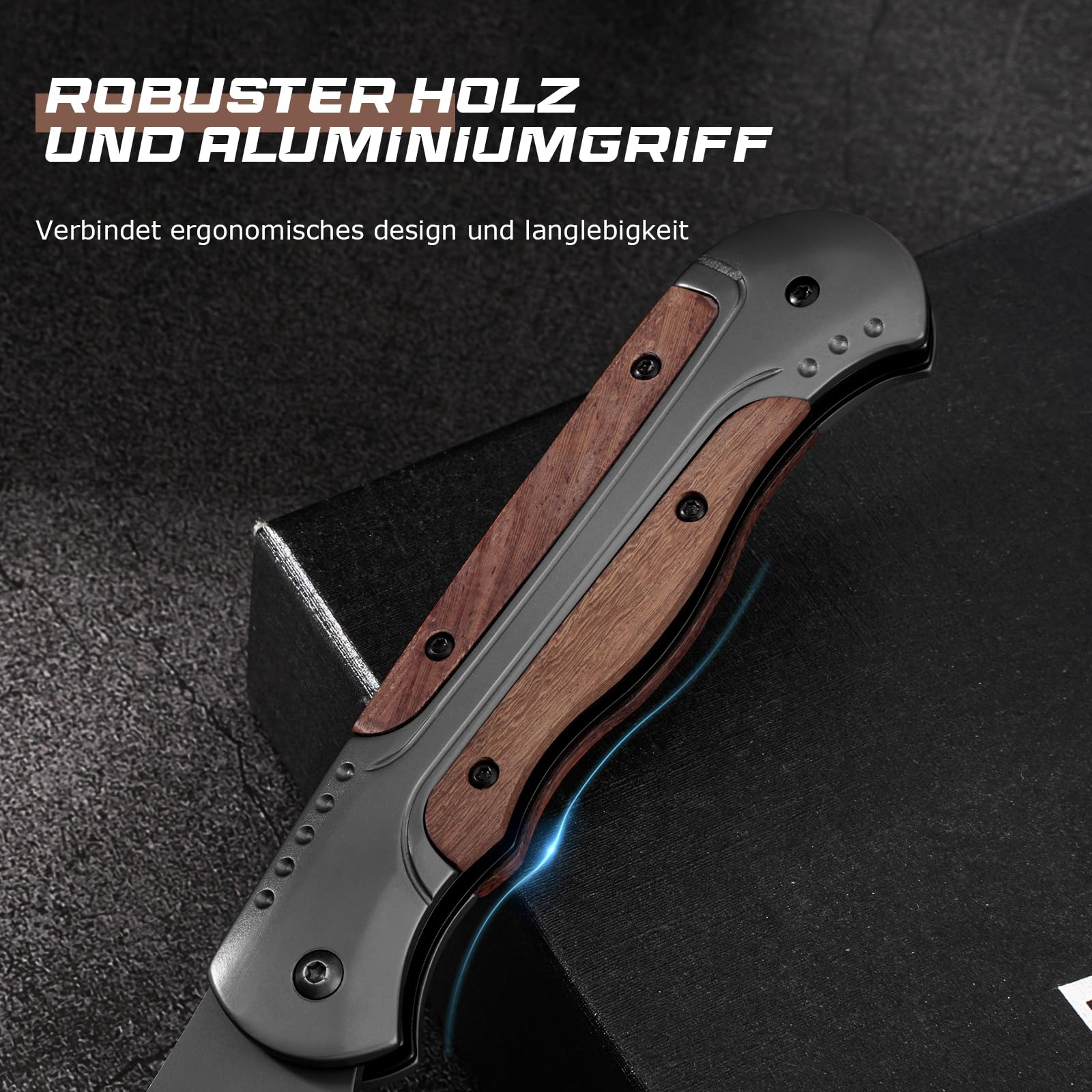 DRACHENADER Zweihand Klappmesser A-11, Zweihandmesser 42a Konform, Zweihandmesser aus 420C-Stahl, EDC Taschenmesser mit Clip und Nylon-Tasche, Holz und Aluminiumgriff