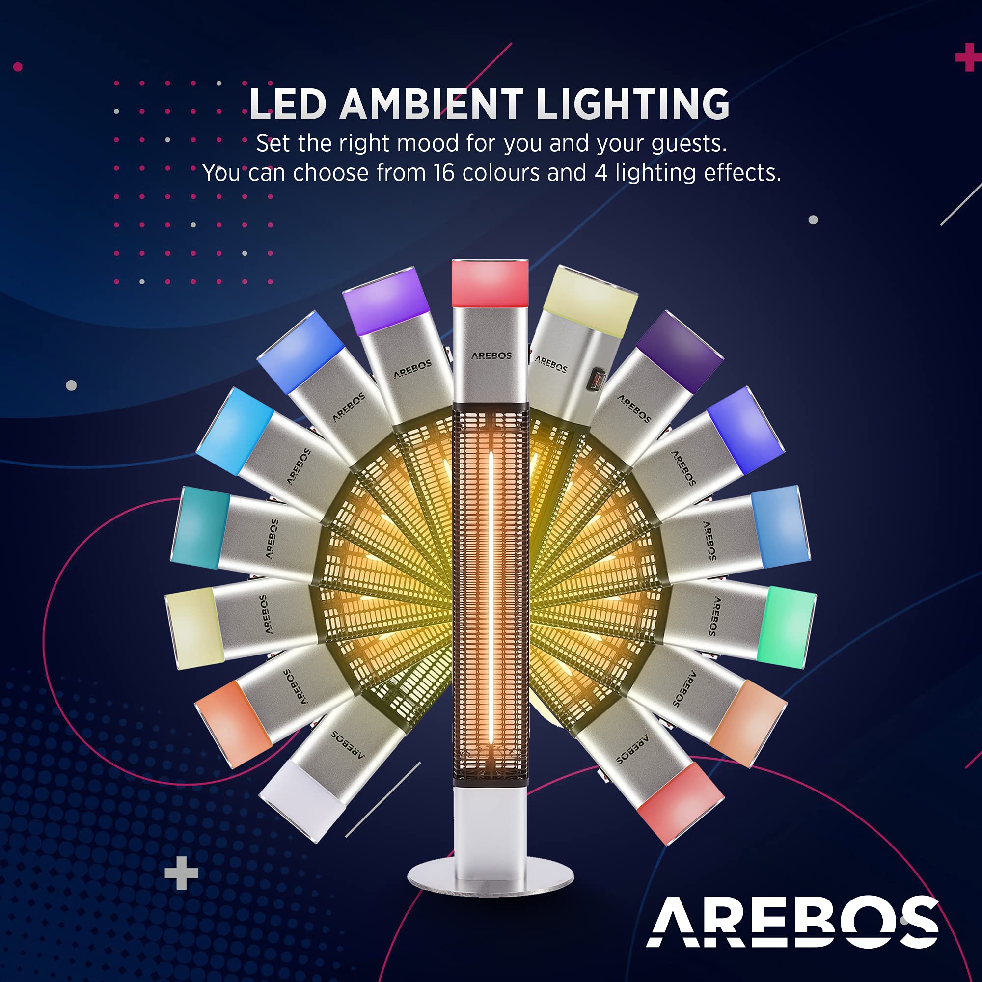 Arebos Grzejnik ciepła do wnętrz i na zewnątrz 1500 W | Grzejnik na podczerwień | węglowy element grzejny | 16 kolorów światła LED, przełącznik dźwigniowy, pilot zdalnego sterowania