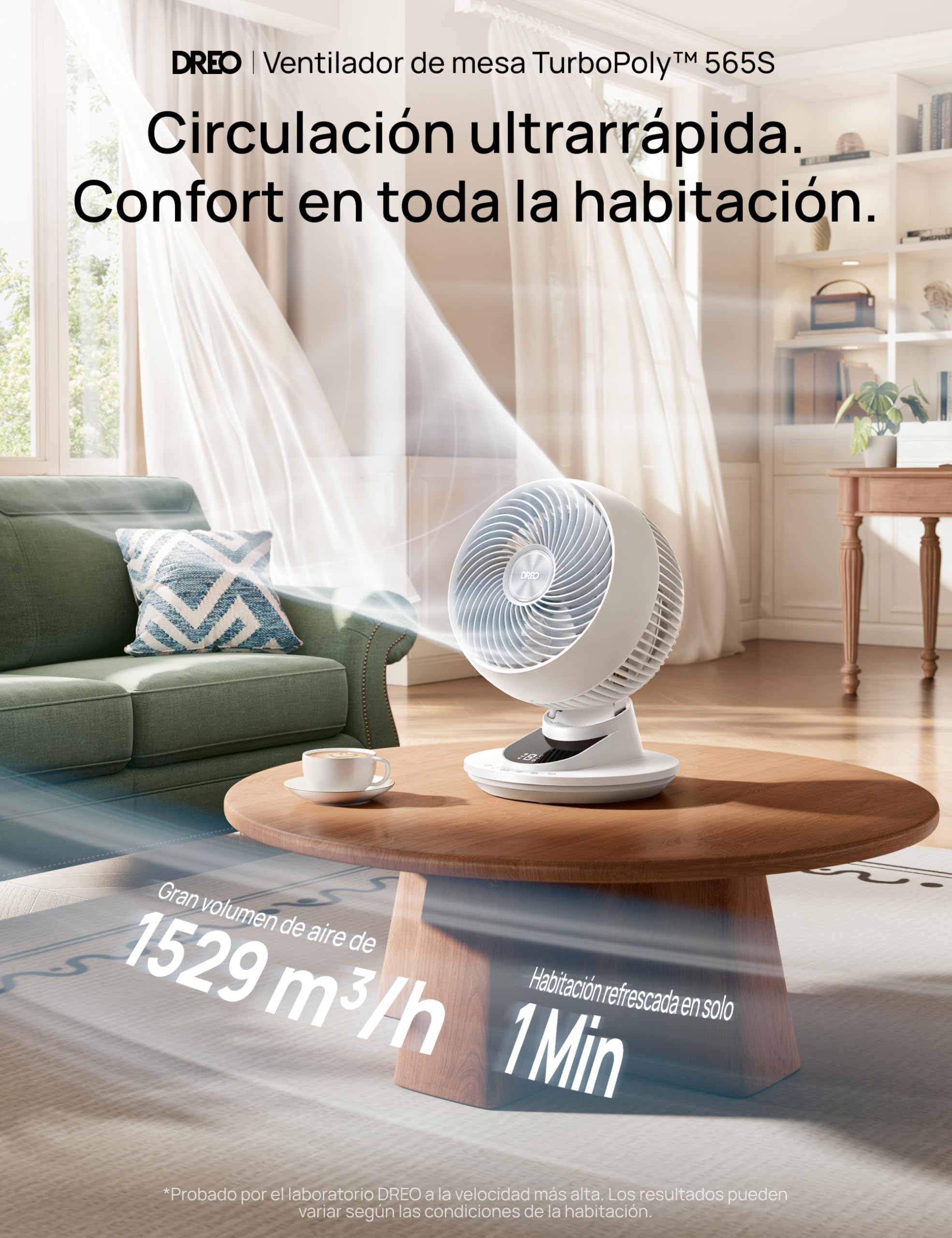 Dreo Ventilador de Mesa 3D para Dormitorio, Aire Potente 8.8 m/s, Ultra Silencioso 22 dB, Oscilación 90°, Control por App y Voz, 9 Velocidades, Temporizador 8/12 h, Ideal para Hogar y Oficina