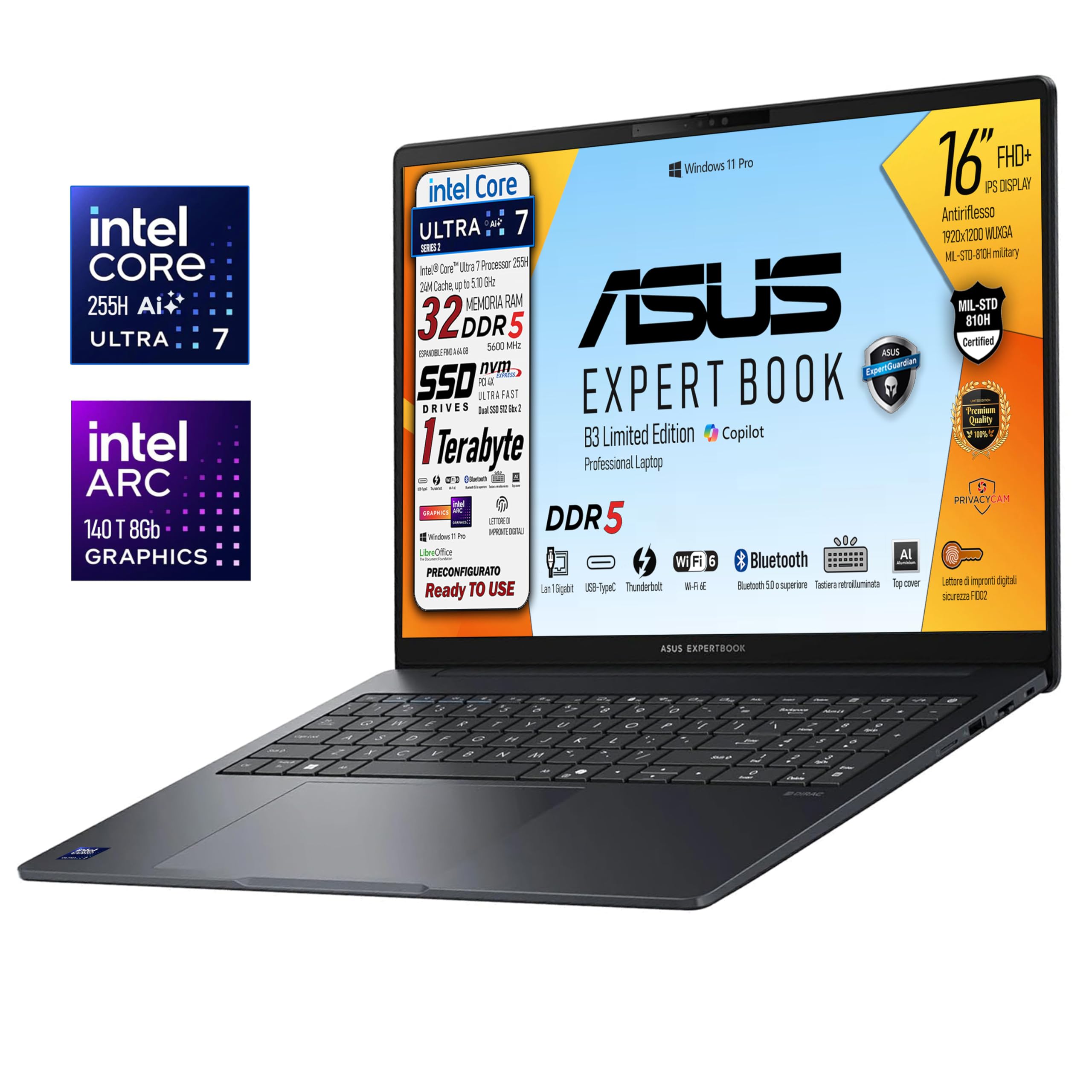 ASUS Notebook B3, Intel Ultra7 255H, Ram DDR5 32Gb, SSD Pci 1Tb, (2x512Gb) Display Ips 16" WUXGA, Intel Arc 140T 16Gb, Wi-FI 6, 2 Usb-C, lan Rj45, Tastiera retroilluminata, fingerprint, Ready to use - 2