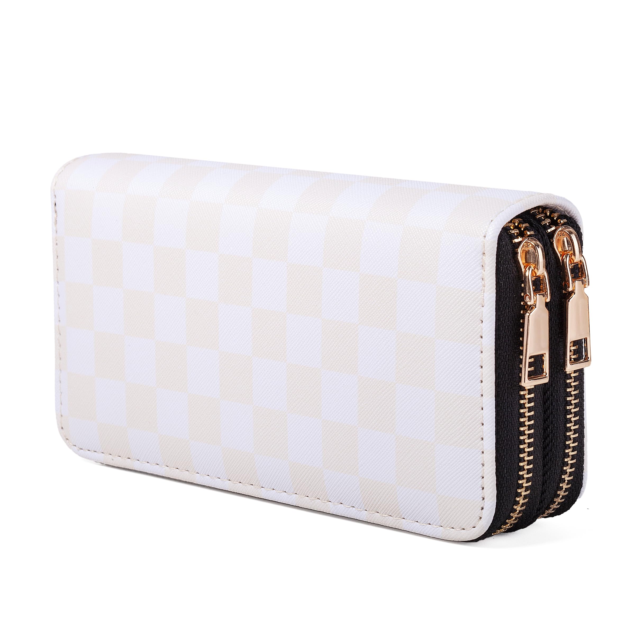 Beige Checkered Double Zip Wallet for Women - Large Capacity Classic Plaid Clutch with Smooth Zippers, Travel Card Holder Purse