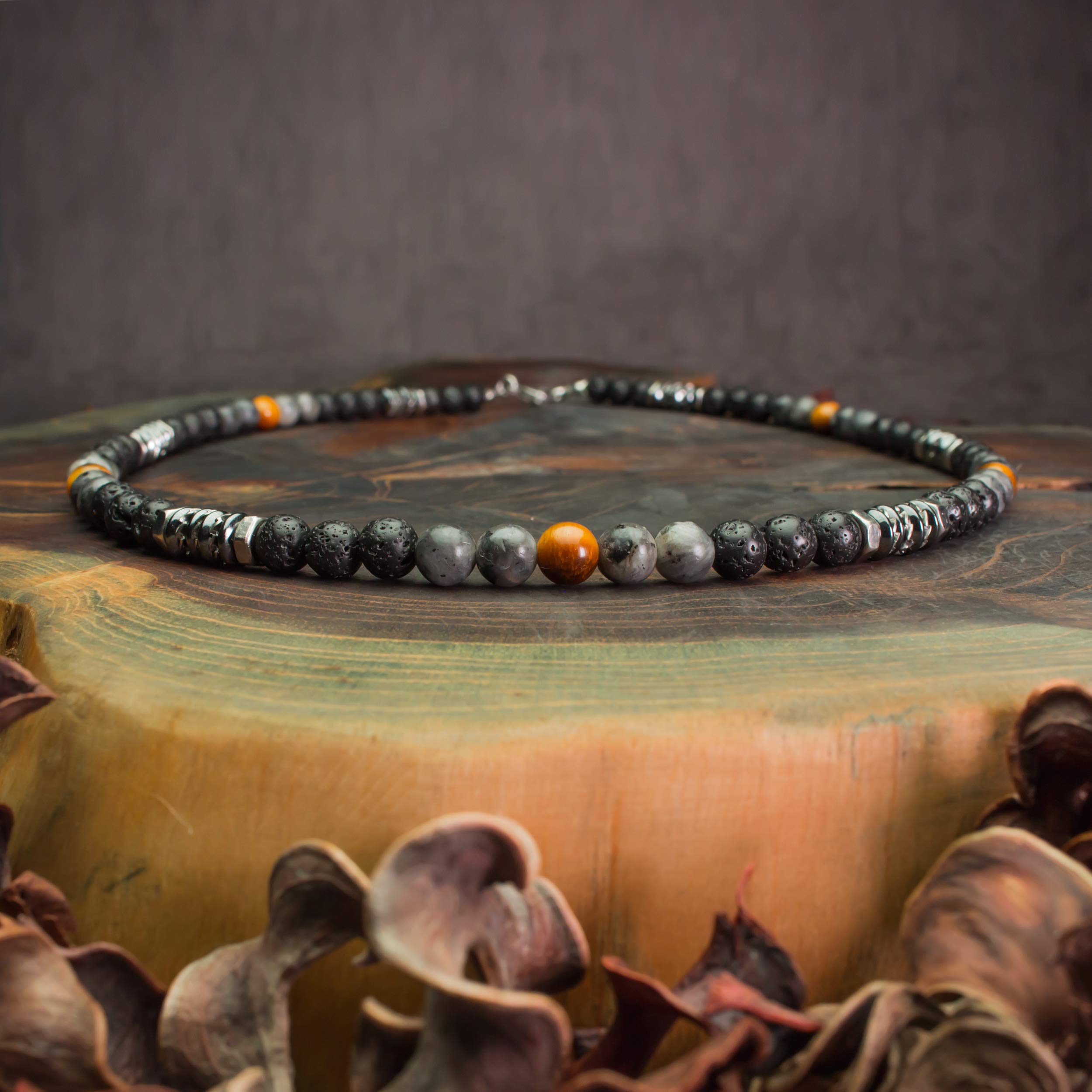 Collier Homme perles 6mm pierre naturelle Œil Tigre Larvikite Labradorite gris mat Lave Volcanique noir rondelles Hématite métal INOX fabriqué en France COLLITEF12