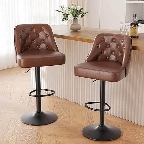 Bar Stools Set of 2, Adjustable Counter Height Bar Stool with Back, Faux Leather Upholstered Swivel Bar Chairs, Mid Century Modern Barstools for Kitchen Island, Dark Brown
