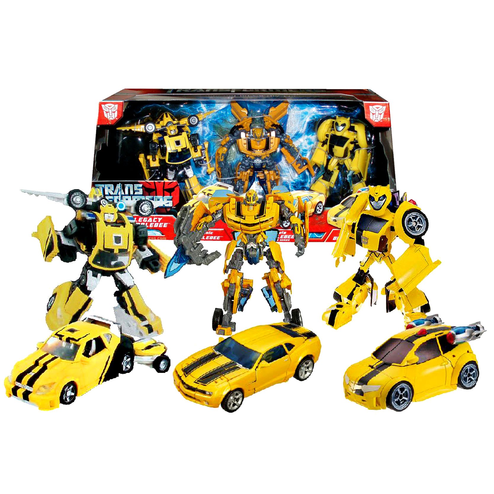 Hasbro Year 2008 Transformers Exclusive Series 3 Pack Set Deluxe Class 6 Inch Tall Robots Action Figure - LEGACY OF THE BUMBLEBEE with Classic Series Bumblebee (Vehicle Mode: Cruiser), Movie Premium Series Bumblebee (Vehicle Mode: Camaro Concept) and Animated Series Bumblebee (Vehicle Mode: Sports Car)