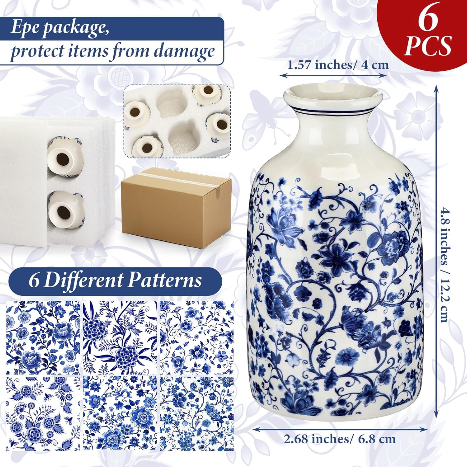 6 Pcs Blue and White Vase Ceramic Chinoiserie Vase Porcelain Small Oriental Bud Ceramic Chinese Flower Jardiniere for Home Office Table Centerpiece