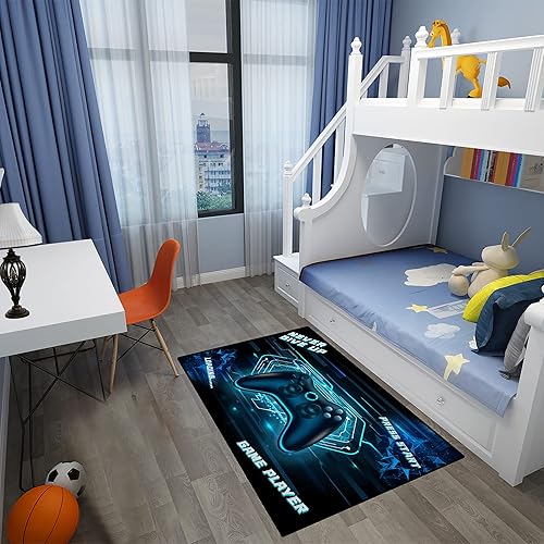Miniatura 4 de Alfombra de área grande para habitación de los niños, controlador de gamepad 3D, color azul, para sala de estar, adolescente, jugador, sala de