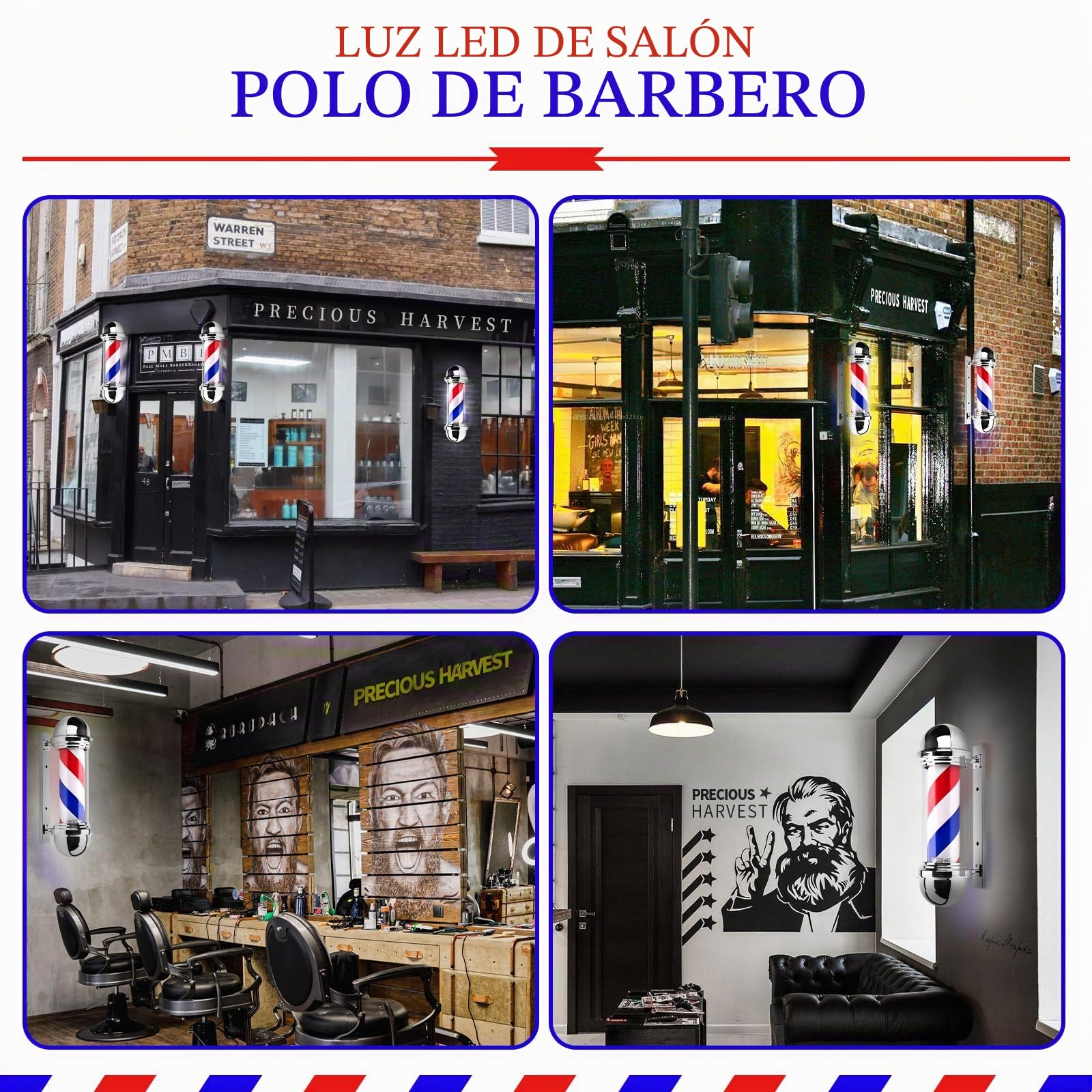 Vara Barbier de 51 cm, Luz giratoria de Barbería en Rojo, Azul y Blanco, Carteles clásicos para Salón de Peluquería, Fuente de luz LED (Plateado)