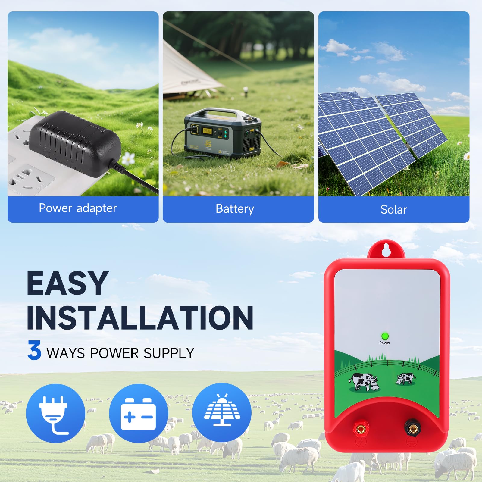 10km Elettrificatore per Recinto Elettrico,Recinzione Elettrica per Animali 2J Strumento Impermeabile Potente Recinti Controllore di Impulsi ad Alta Tensione Sicuro Pastore Fattoria Pascolo Giardino