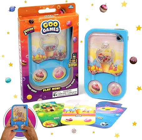 GooGames, Hand-Held Water Games with Floating Treasures, Sensory Fidget Game Adventures, Non-Toxic, No-Mess, Mesmerizing Glitter Fun, 3 Game Cards Included, Refillable, Perfect Travel Toy! (Candies)