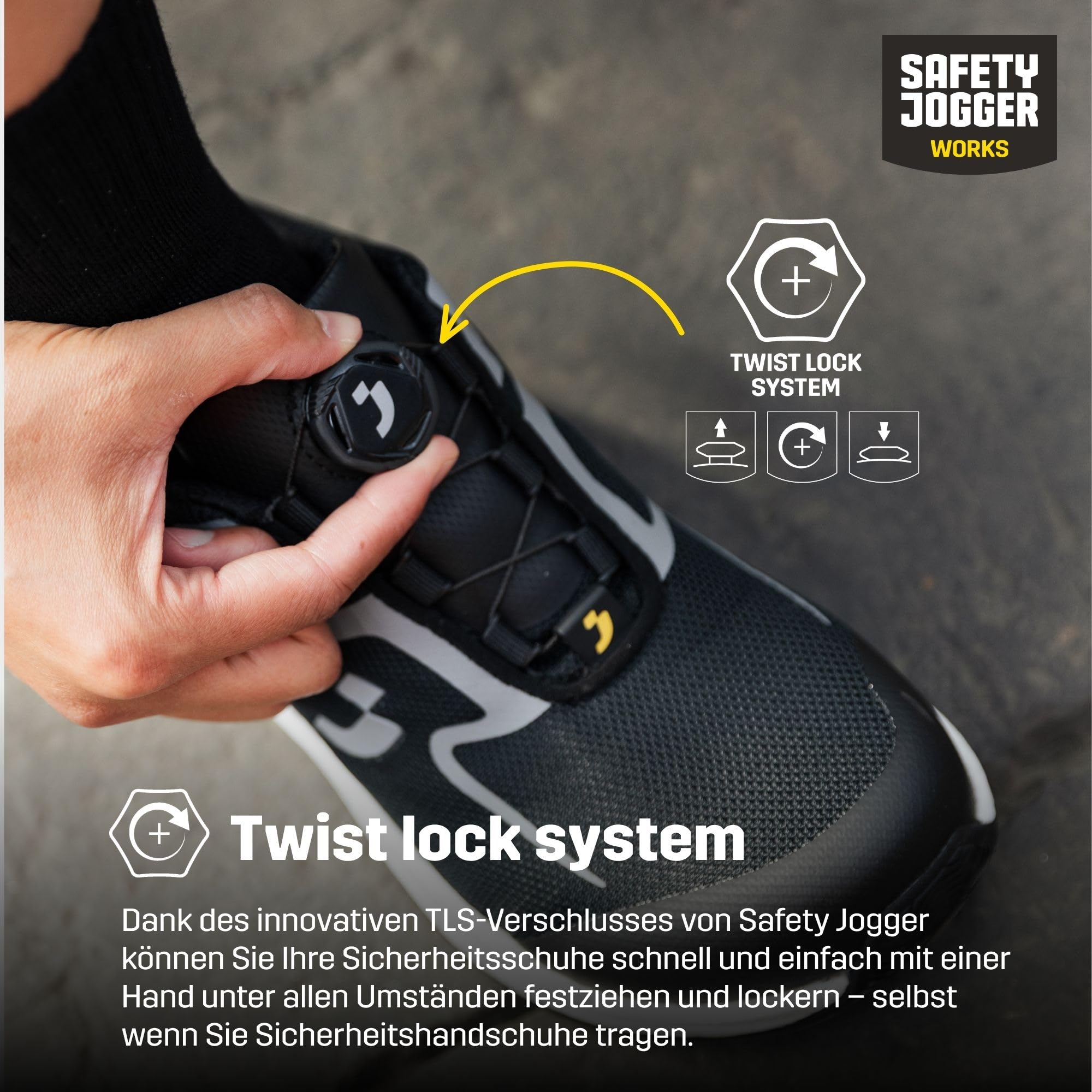 SAFETY JOGGER - Freedom S1PS TLS - Leichte Sicherheitsschuhe - Schwarz | Atmungsaktive und Bequeme Arbeitsschuhe Herren und Damen mit breiter Kunststoffkappe, Drehverschluss, ESD und Barfuß Design