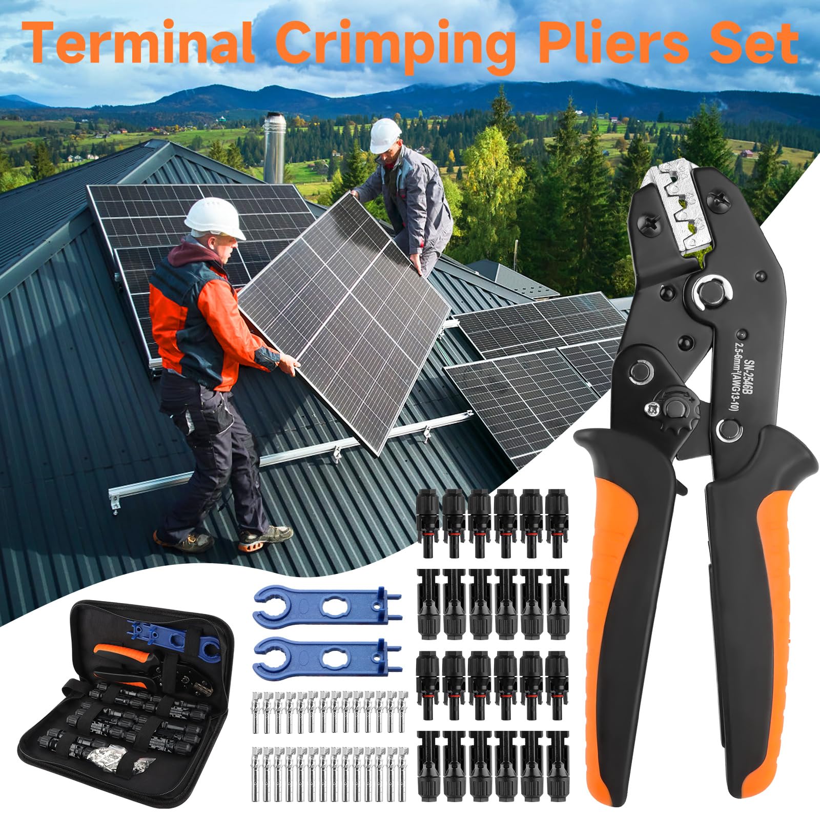 Juego de Crimpadora Solar 1 Alicates 12 Pares Conectores Macho Hembra 14 Pares Conectores Fotovoltaicos 2 Llaves Inglesas 2,5/4/6 mm²