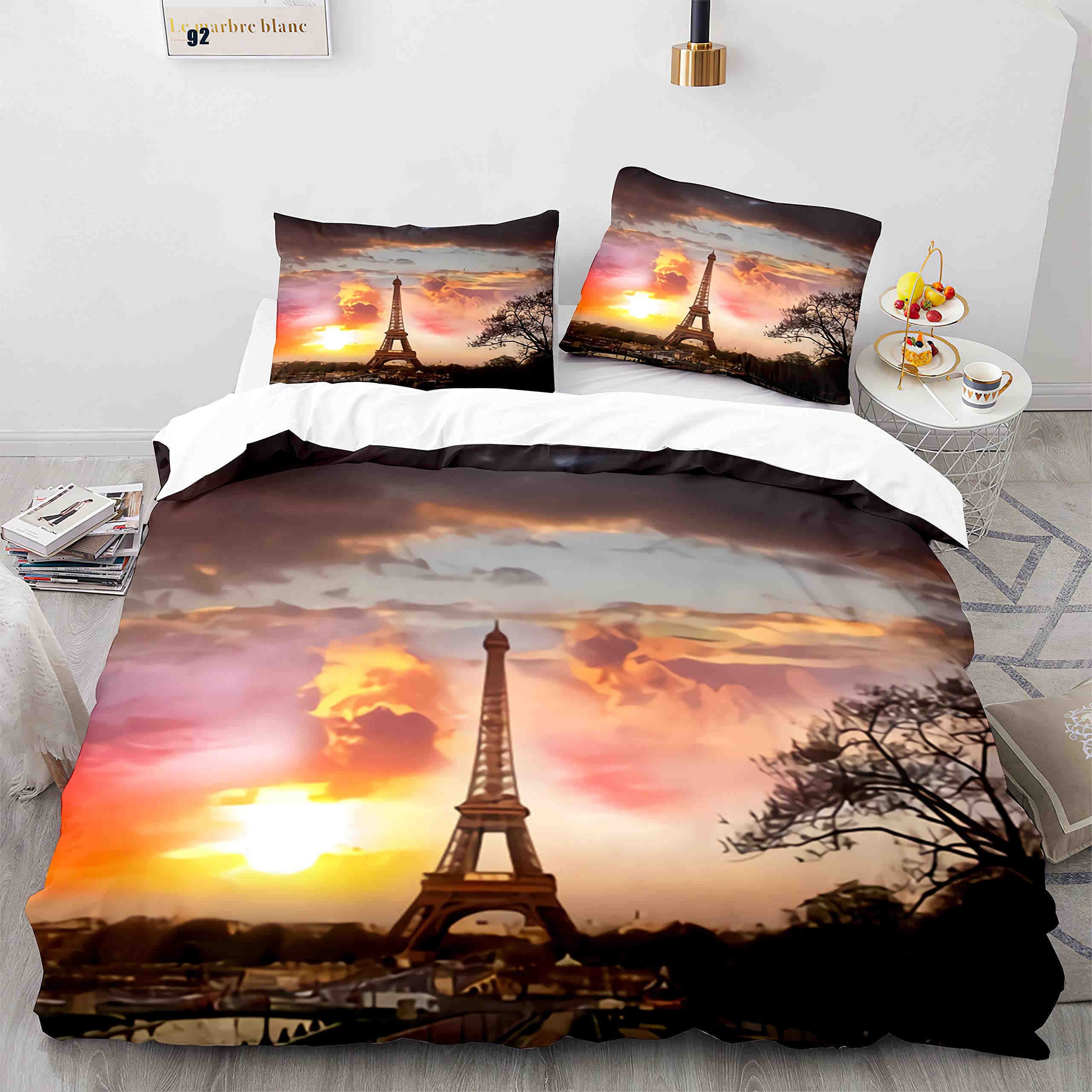 Eiffel Tower Duvet Cover Set King Size Paris Cityscape Twin Bedding Set Modern French Style Polyester Comforter Cover Boys Girls Quilt cover + pillowcase