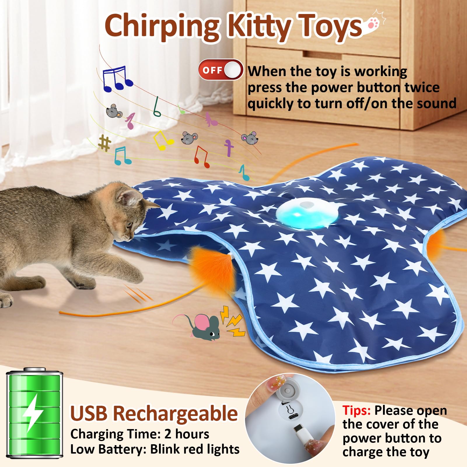 Sofolor Jouet interactif rechargeable pour chat – Jouets d'exercice pour chats adultes ennuyés d'intérieur – Jouet à cache-cache avec détecteur de mouvement – Plume mobile – Chirping