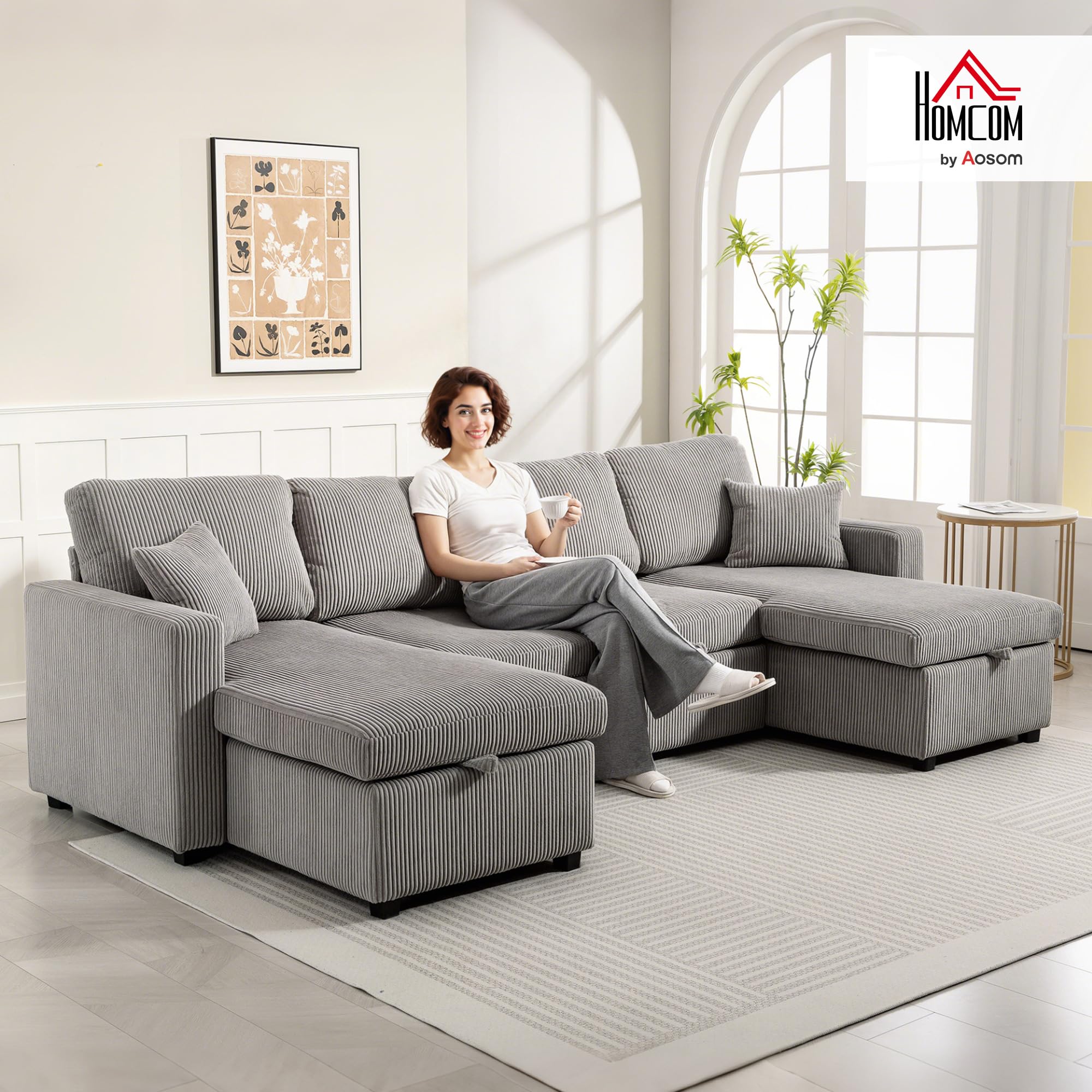 HOMCOM Divano Letto con Letto Estraibile Imbottito, Divano Angolare Convertibile 4 Posti a Forma di U con 2 Chaise Longue, Vani Contenitore e 2 Cuscini, in Velluto a Coste, 282x140x86 cm, Grigio