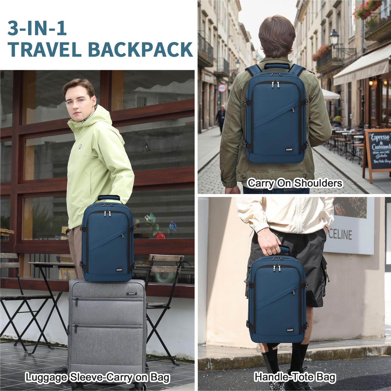Kono Ryanair - Bolsas de cabina de 40 x 30 x 20 pulgadas, 40 x 20 x 25 pulgadas, mochila de viaje, tamaño cabina, bolsa de equipaje de mano, impermeable, mochila Ryanair debajo del asiento para hombre