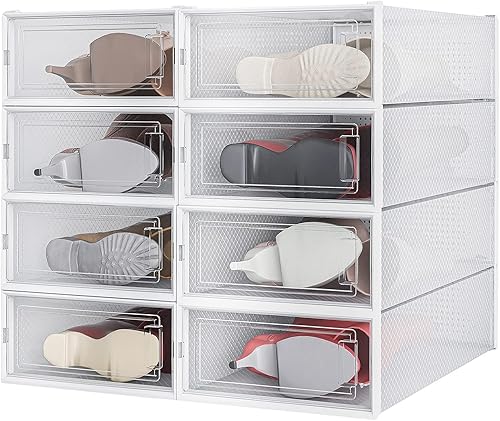 PARANTA Caja de almacenamiento de 8 piezas para botas y zapatos, caja apilable de plástico transparente, organizador de zapatos que ahorra espacio