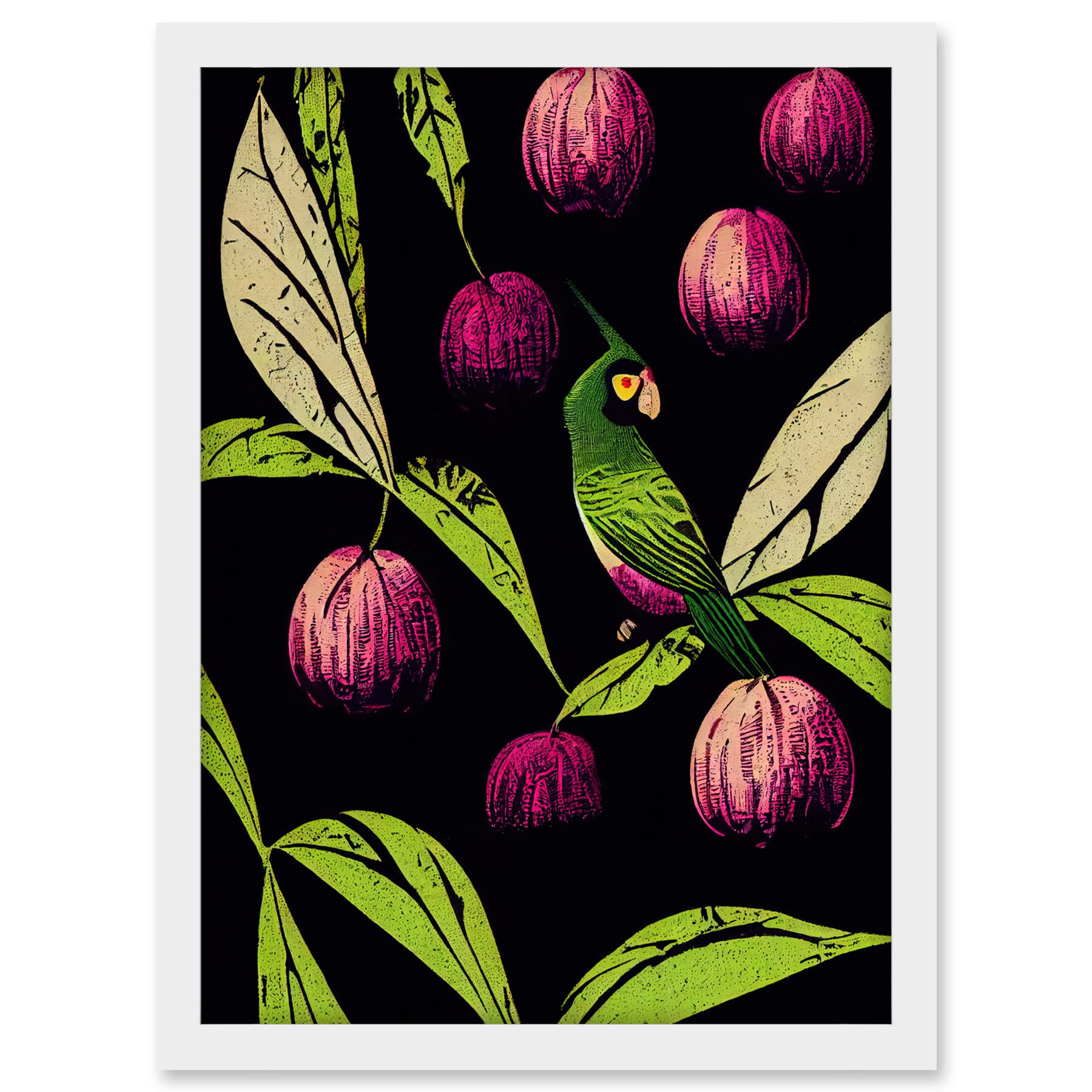 Wee Blue Coo Parrot in Tree Fruit Bright Green and Purple Black Colour Linocut Illustration Modern Vintage Artwork Framed A3 Wall Art Print