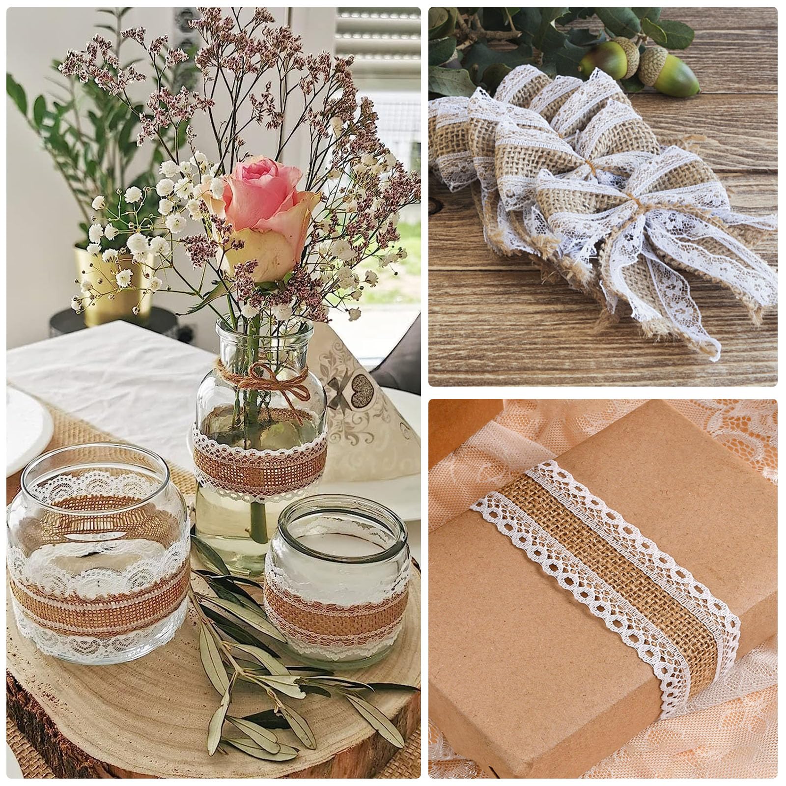 Nastro In Juta Con Pizzo Bianco | 8 Rotoli Da 2m X 4cm | Per Matrimoni, Natale, Regali, Decorazioni Rustiche - Foto 2