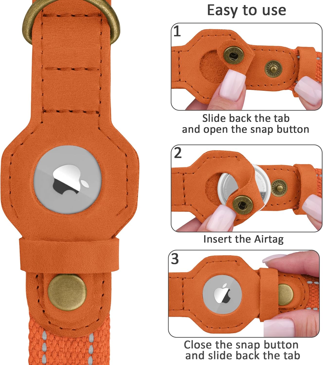 Reflective Leather Dog Collar with AirTag Holder - Soft Apple Airtag Dog Collar with Metal Buckle - Safety Cotton Pet Collars for Dogs Small Large Dogs Puppy (Orange, L, 17"-21")