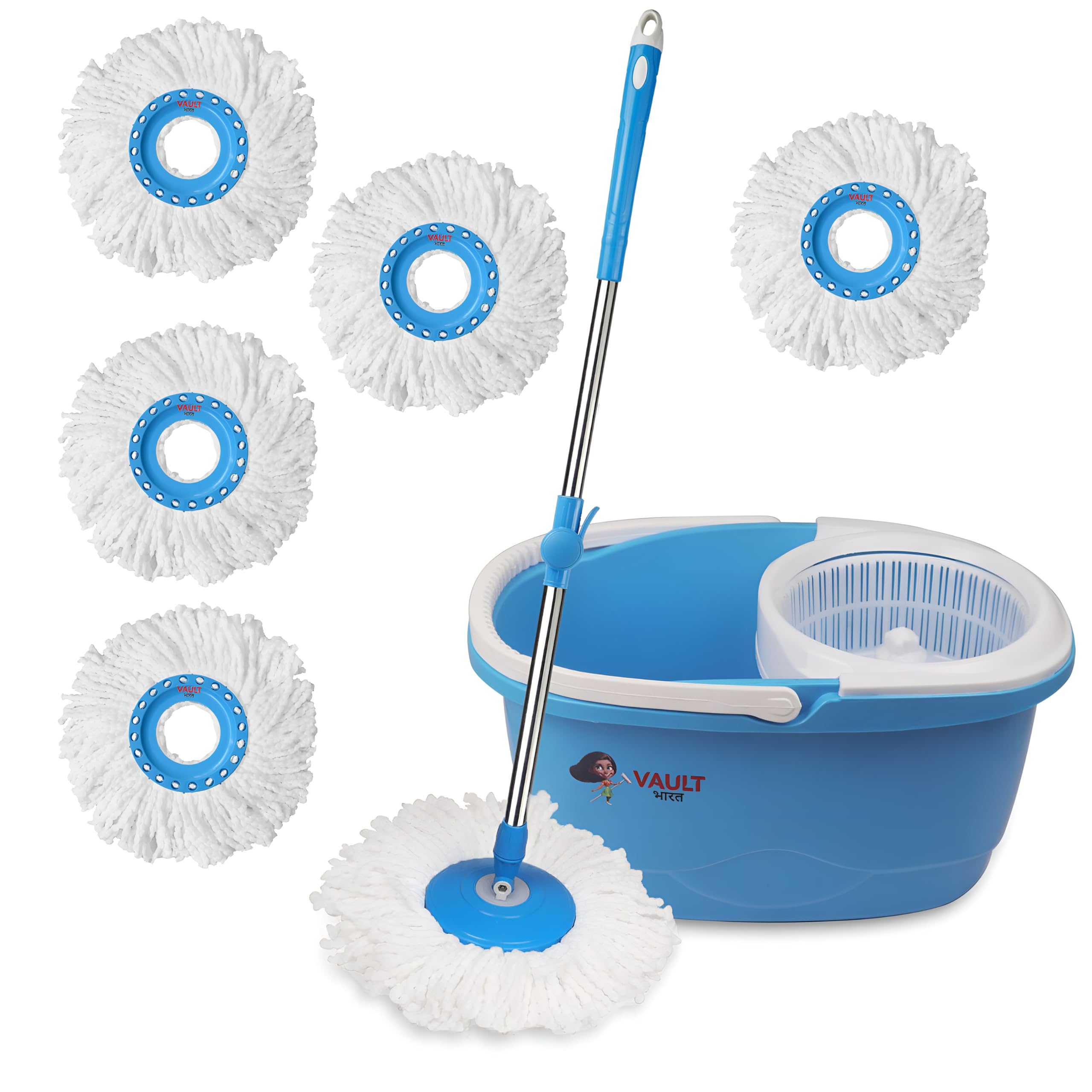 Vault Bharat Premium Heavy Quality 360° Spin Mop & Plastic Wringer with 5 Microfiber Refill, Floor Cleaning Mop with Bucket, Mopping Set, Model: V51+5 - Blue (Warranty:1 Year) (B0CYBJ4H1P) Amazon Price History, Amazon Price Tracker