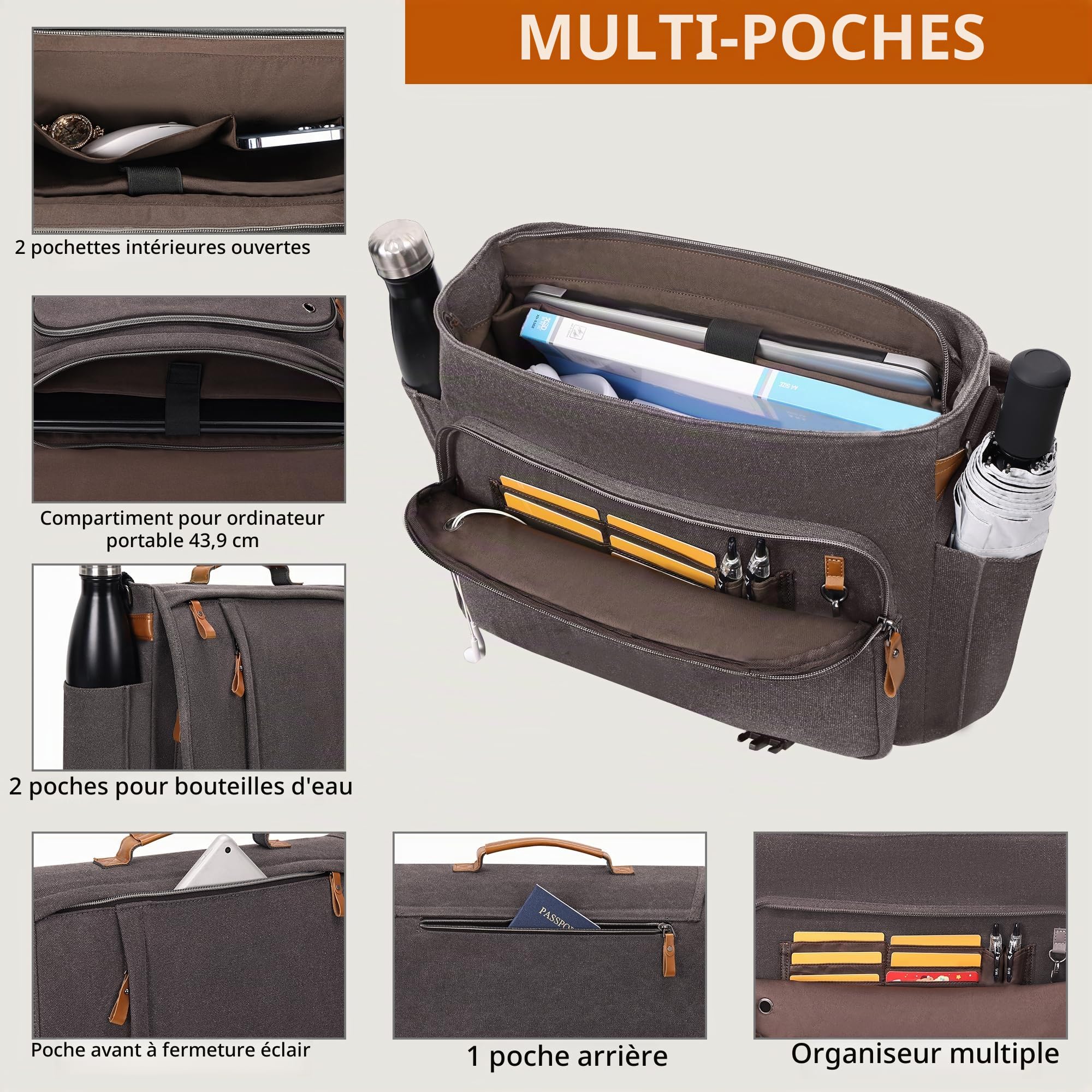 ESTARER 15.6-17.3 Inch Laptop Messenger Bag for Work School,Mens Water Resistant Canvas Crossbody Shoulder Bag