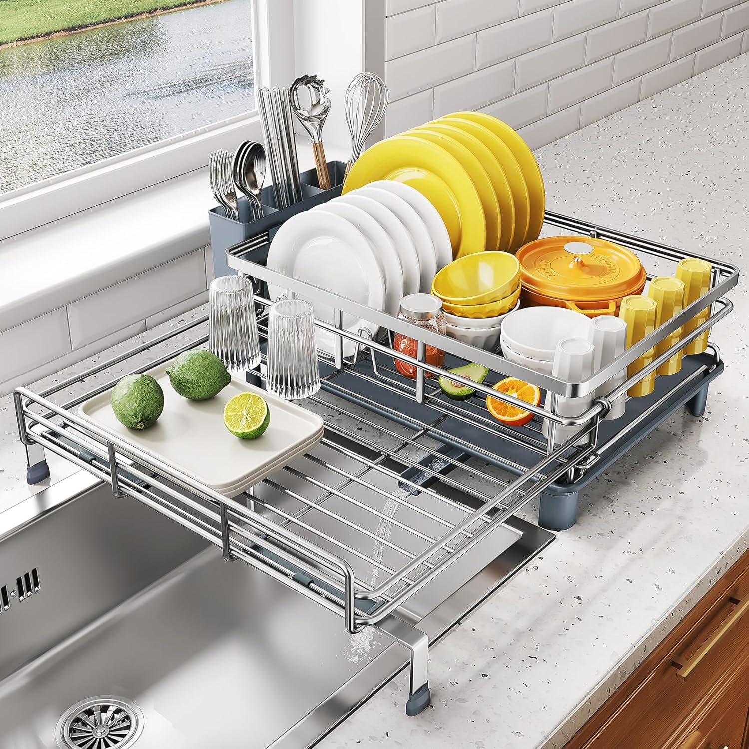 sntd dish drying rack - extendable dish rack, large sink drying dish drainer for kitchen counter, stainless steel dish strainer with utensil holder (silver)