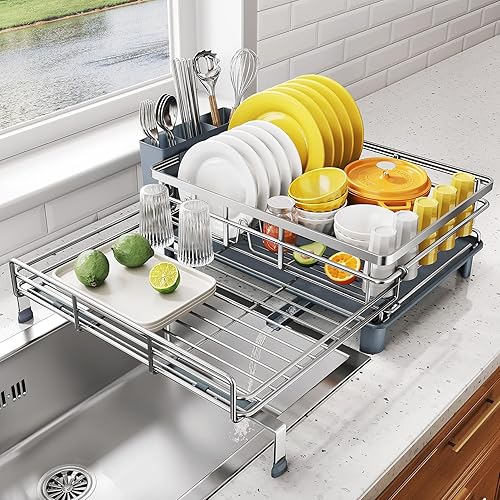 SNTD Dish Drying Rack - Extendable Dish Rack, Large Sink Drying Dish Drainer for Kitchen Counter, Stainless Steel Dish Strainer with Utensil Holder (Silver)