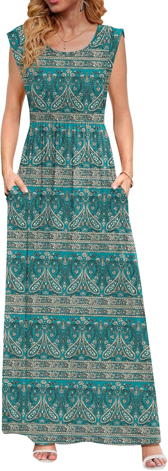 DB MOON Womens 2025 Maxi Dresses Empire Waist Long Summer Dress Casual Cap Short Sleeve Sundress with Pockets