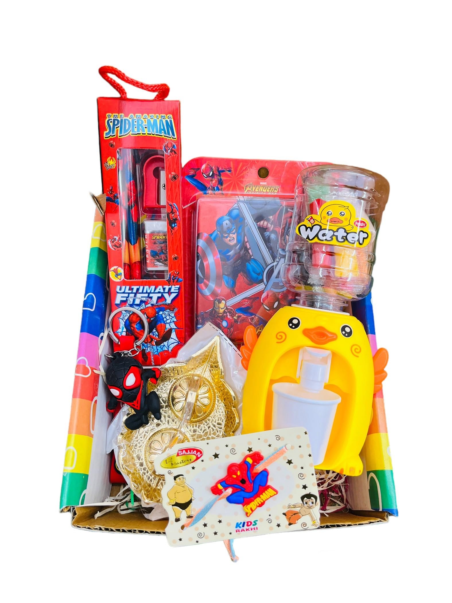 Paaroots Superhero Stationery Gift Set, Rakhi for kids, Thali Water Dispenser Clay Dough School Supplies Combo for brothers for rakhi Gift hampers for Boys for Rakshabandhan