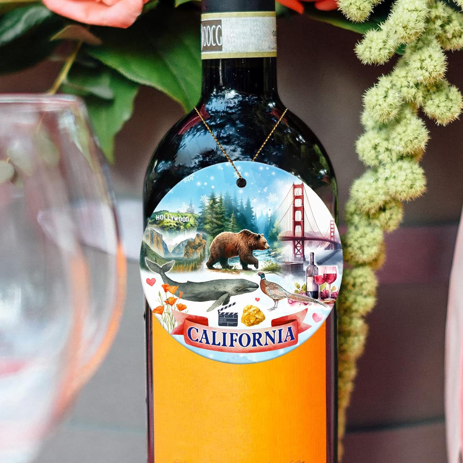 California State Ornament 2025 – Golden State Souvenir Christmas Tree Decoration Featuring Golden Gate Bridge, Yosemite, Bear, Whale, Wine – Ceramic Round Keepsake Gift - Image 4